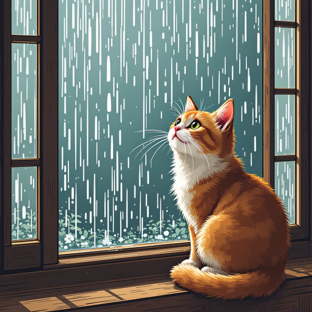 AI generated: create an image of a brown and white cat starring outside the window with rain drops lingering using...