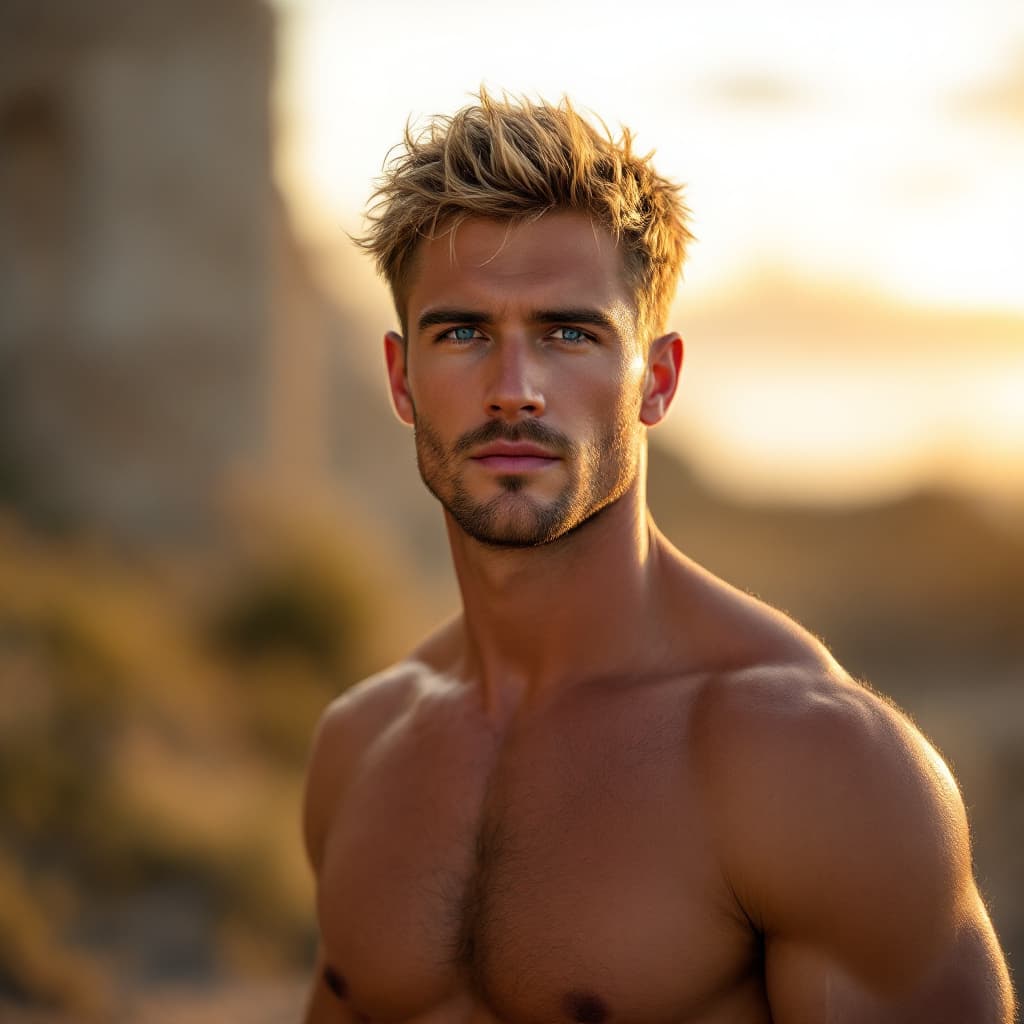 AI generated: 45-year-old male, short hair, fair skin, full shot, full-length portrait, wide field of view, center...