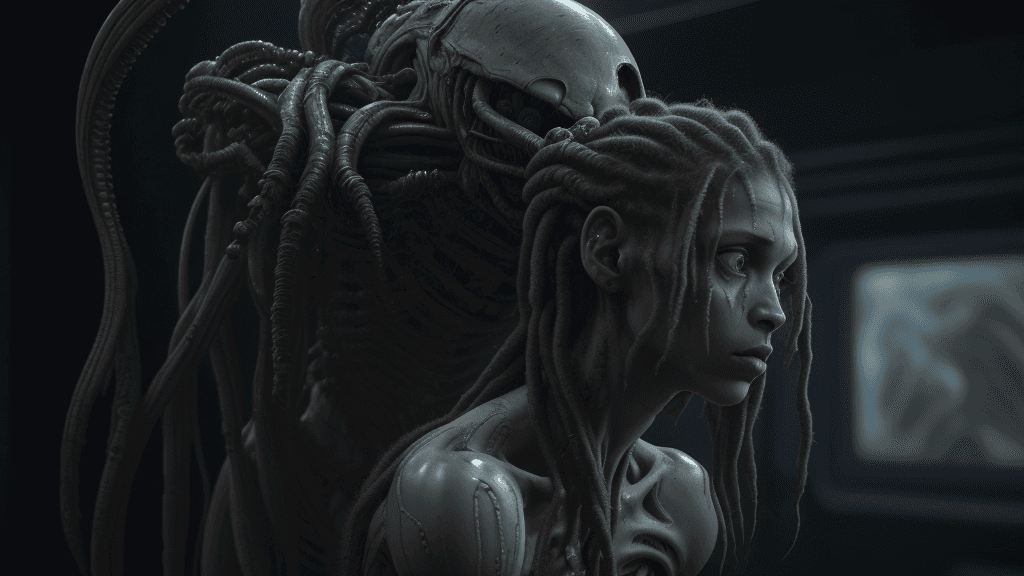 AI generated: a woman with dreadlocks and a body of hair in a scene from the film alien, movie still of a alien cy...