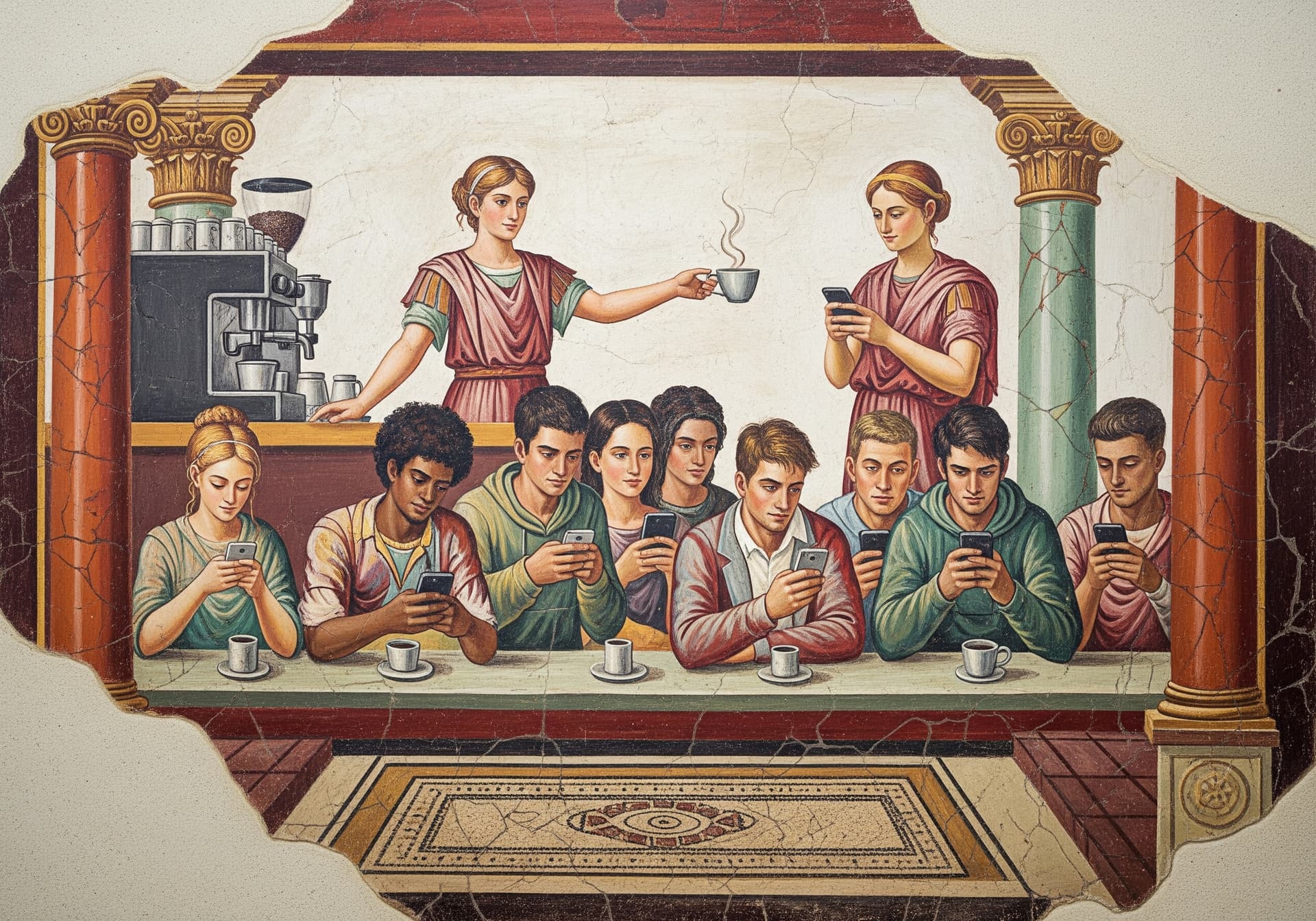 AI generated: A group of diverse young people in a coffee shop, all looking at their smartphones, depicted in the ...
