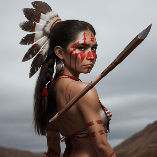AI generated: A American Indian princess holds a tomahawk in her hand and aims, there are bow on her back, 8k, red...