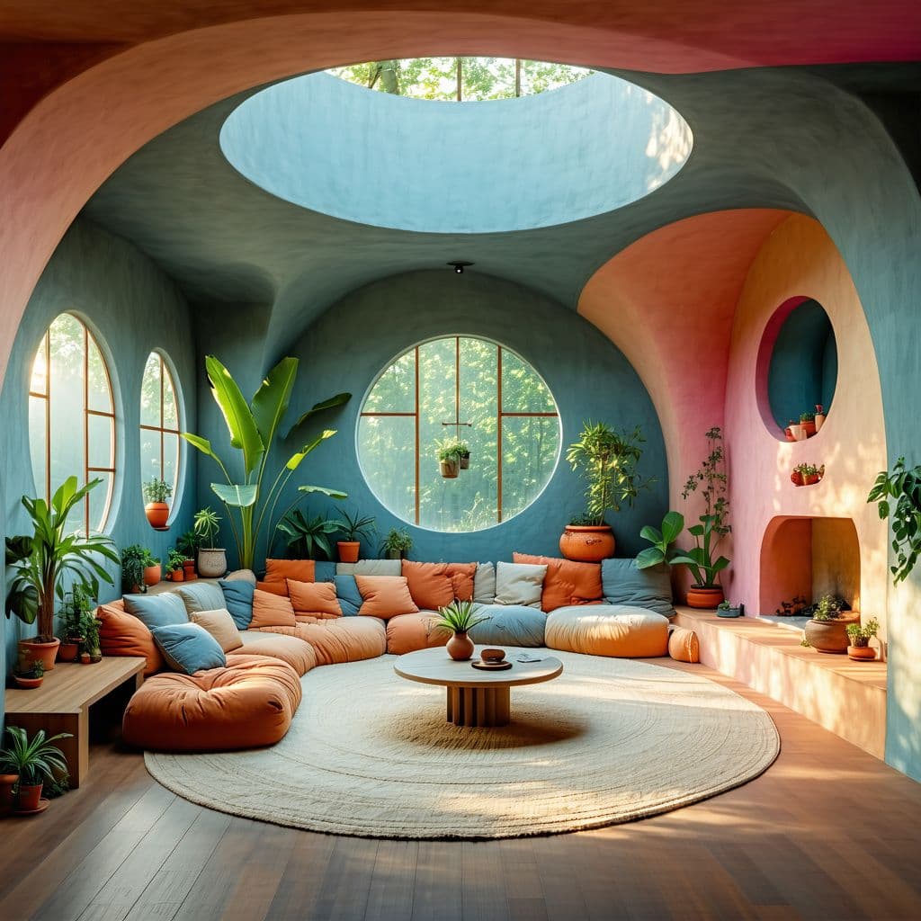 AI generated: High resolution photography interior design, dreamy sunken living room conversation pit, wooden floo...