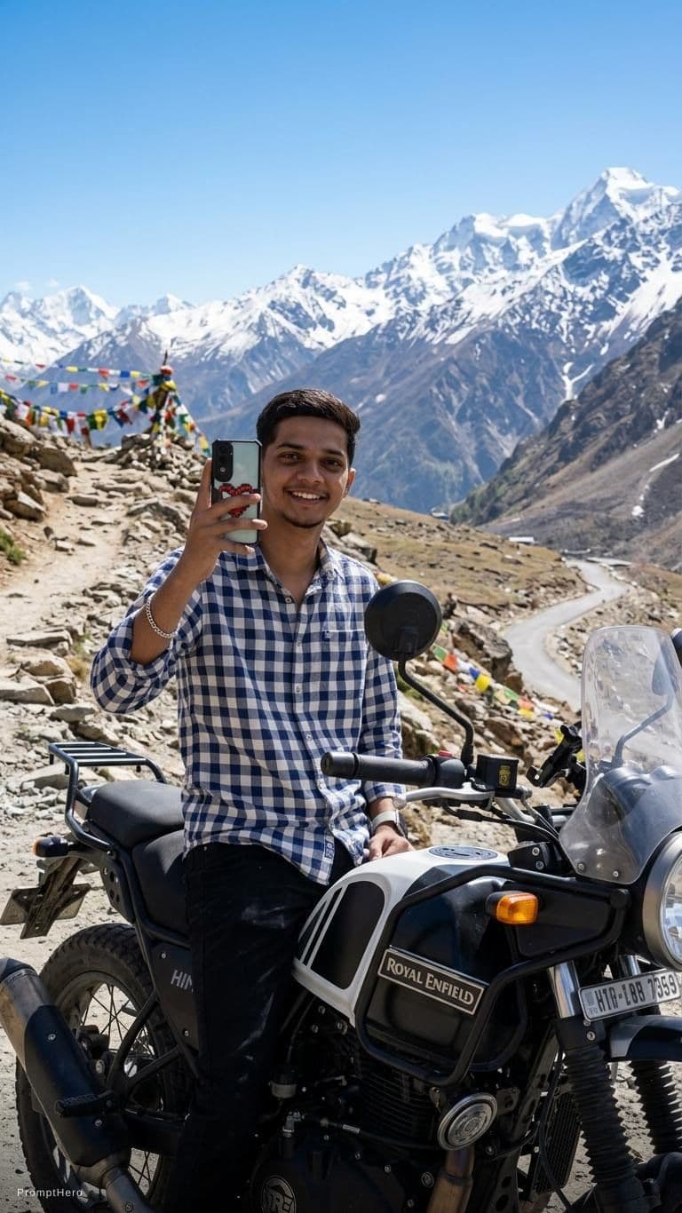 AI generated: On the top of the mountain behind Himalayan bike 
