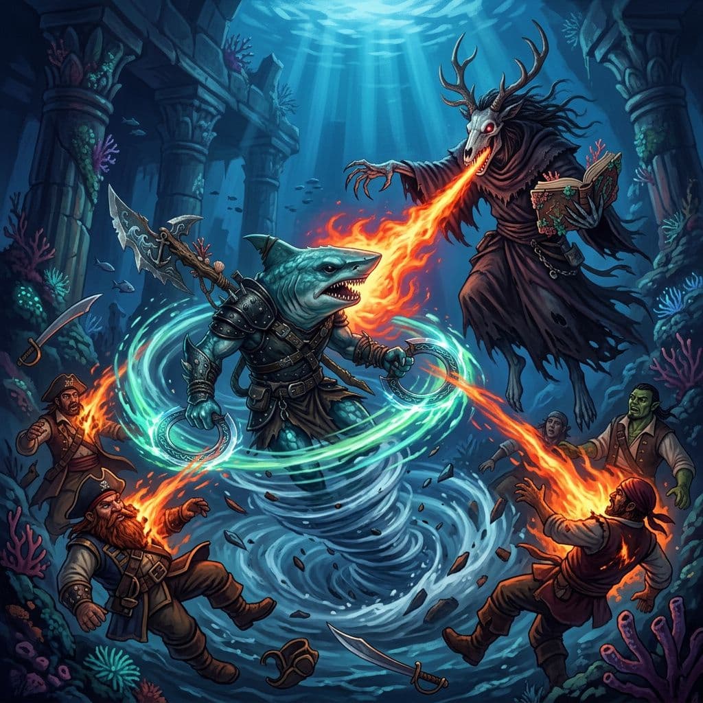AI generated: a tall thin animal skulled man wearing a hooded robe and holding a tome blasts fire into two magical...