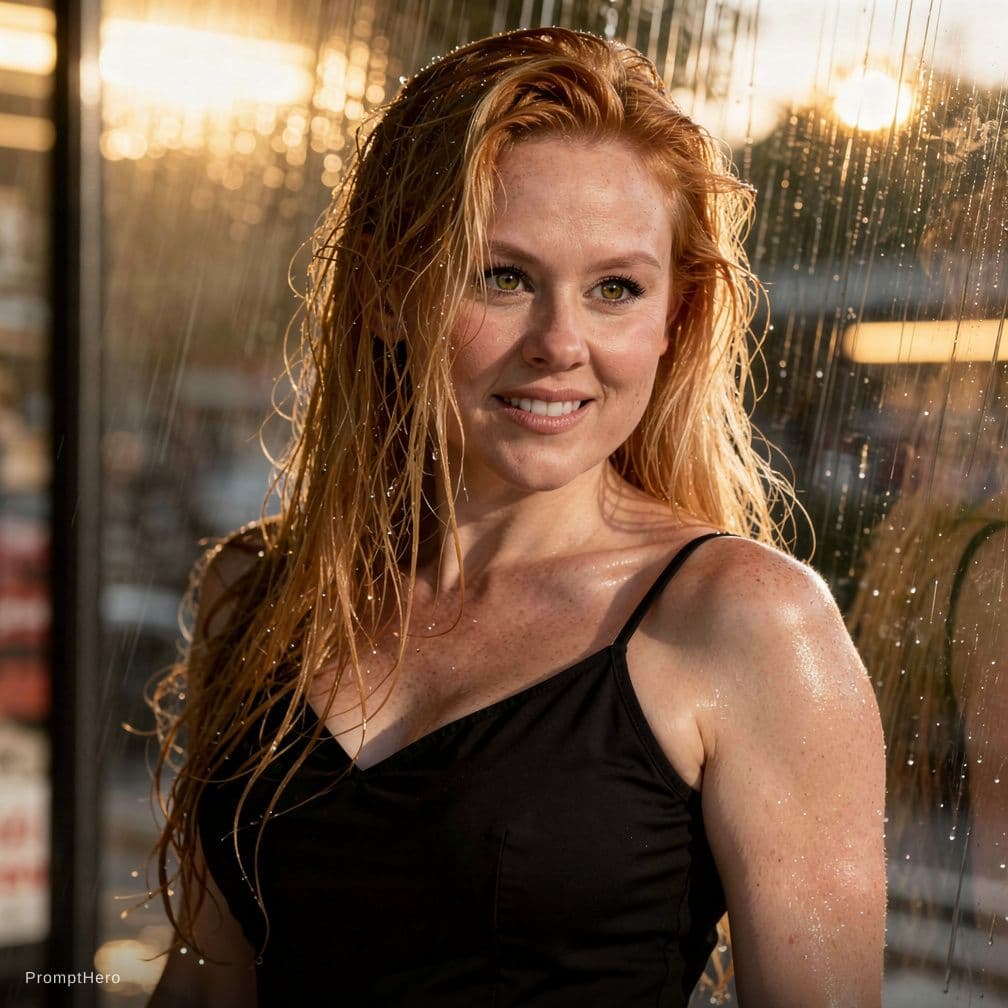 AI generated: Create a highly detailed, photorealistic portrait of a curvy adult female outside in the rain. The s...