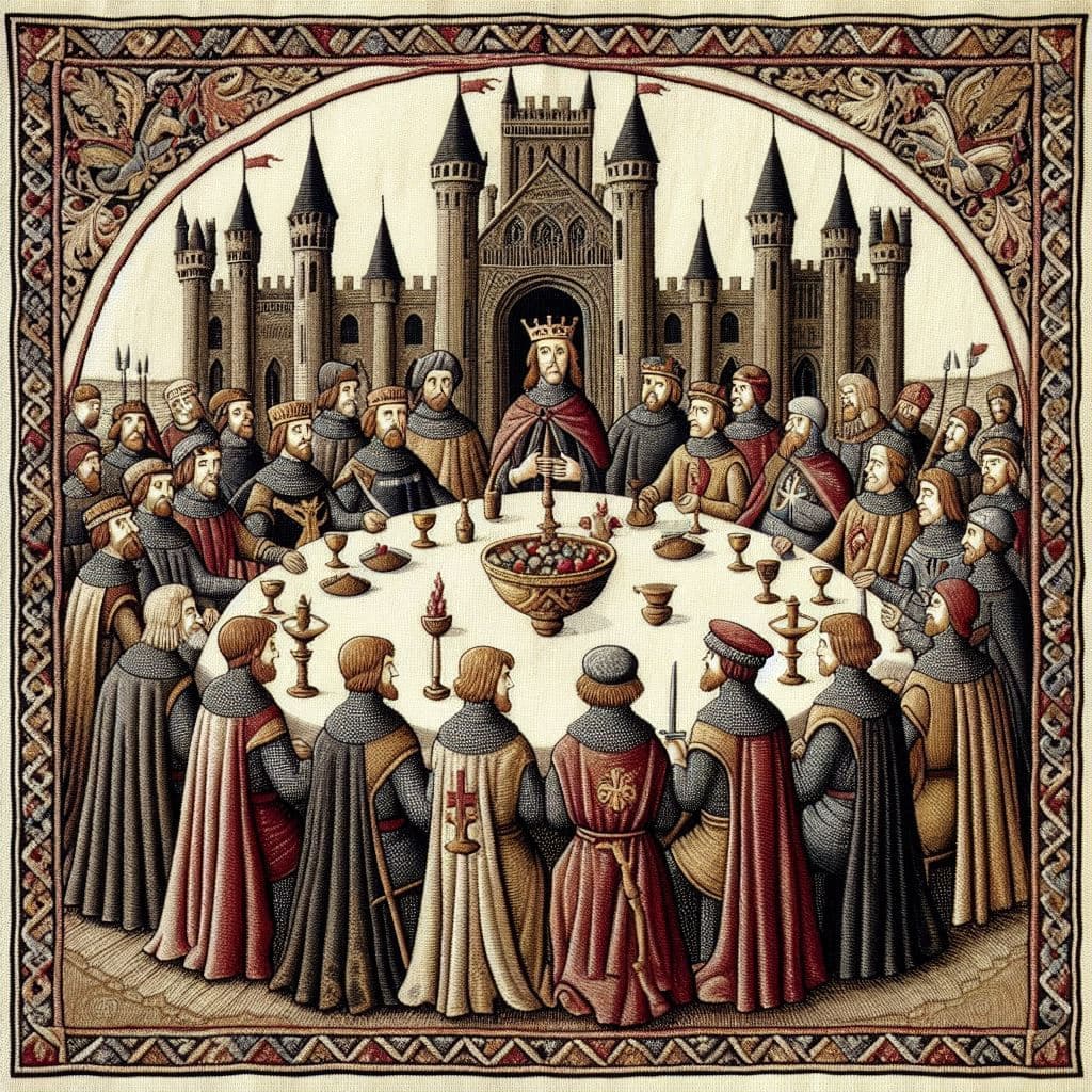 AI generated: King Arthur and the knights at the round table, style of the Bayeux tapestry, 11th century , embroid...