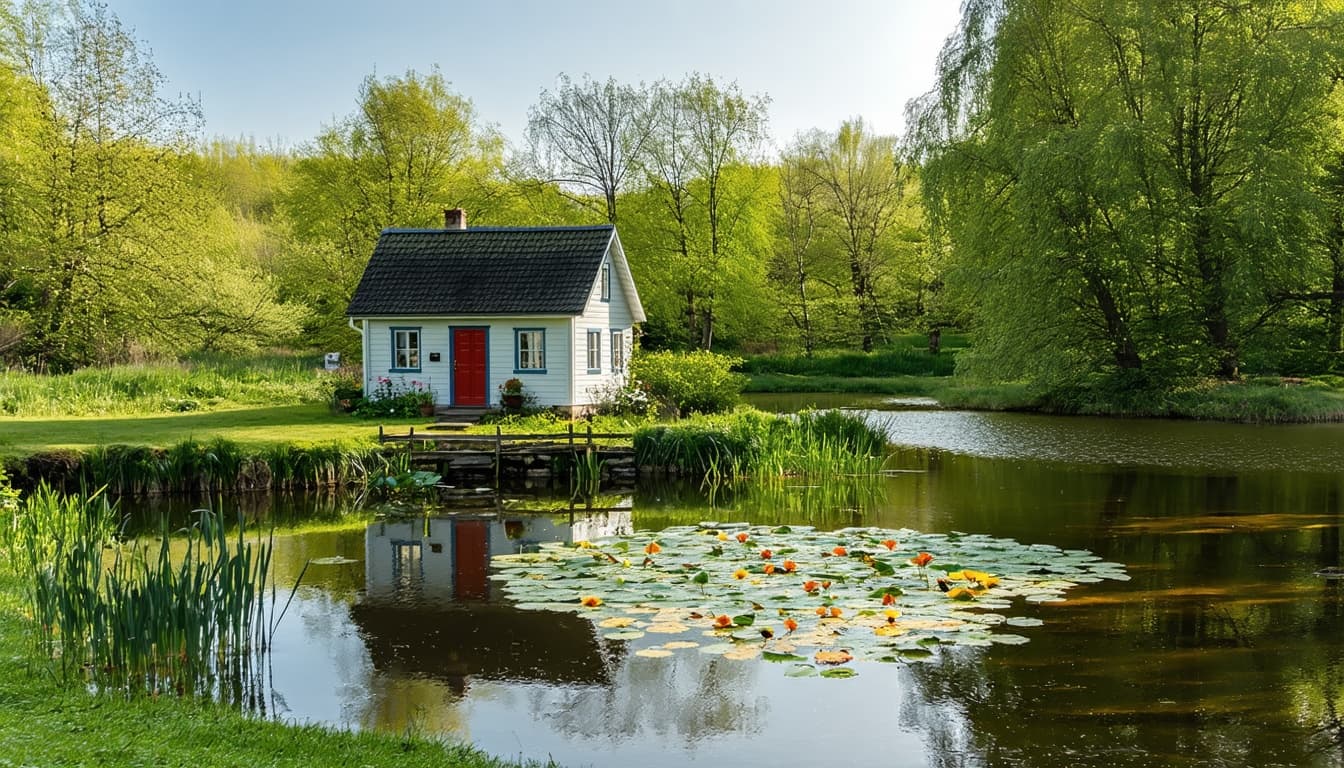 AI generated: A tiny cottage beside a beautiful pond