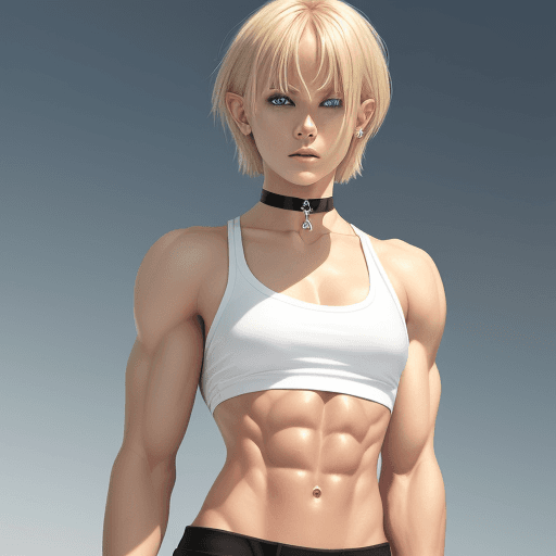AI generated: blonde hair, athletic, abs, short hair, blue eyes, choker, pointed ears, white skin, clothed.