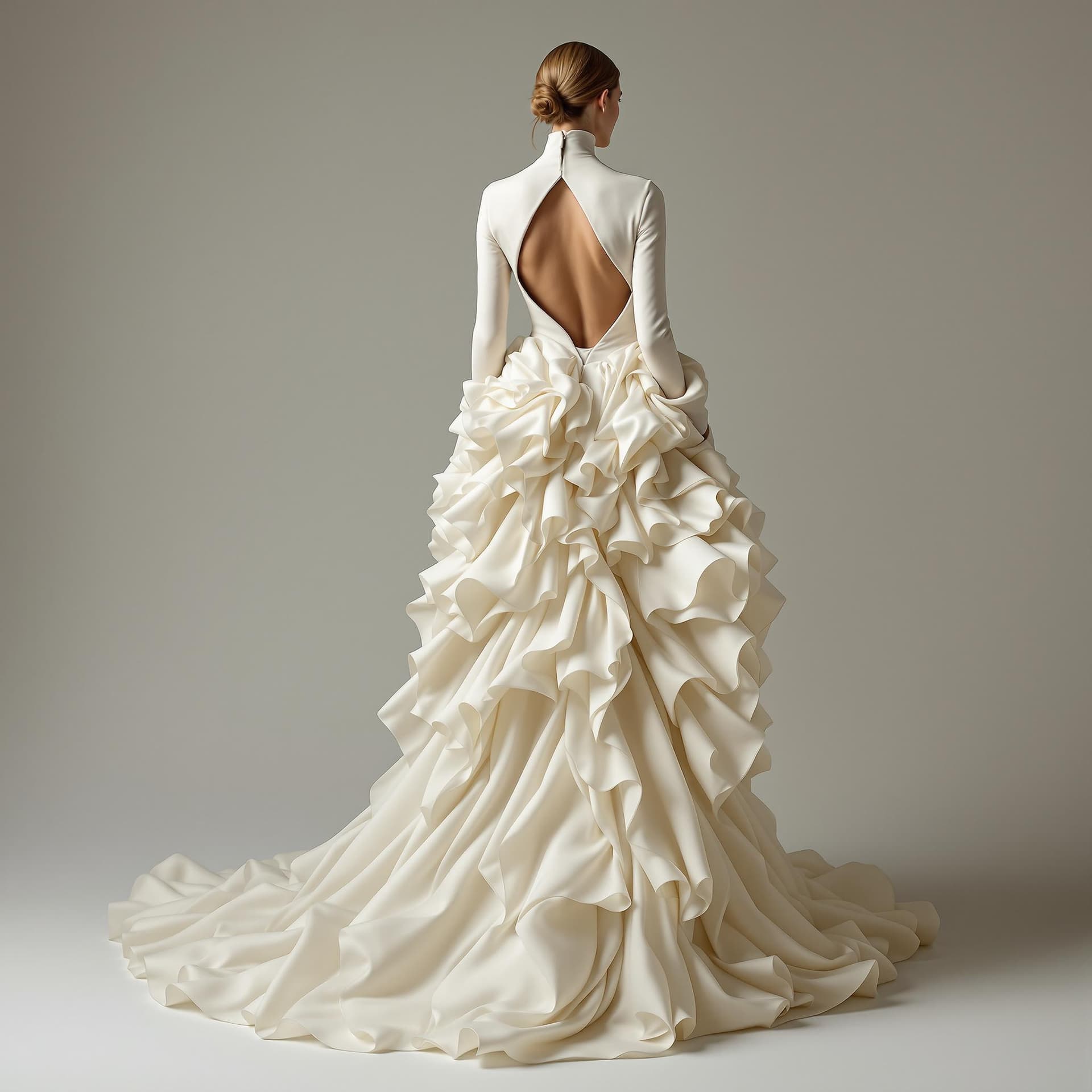 AI generated: The image is a full-length portrait of a woman in a flowing cream dress. The dress features a high n...