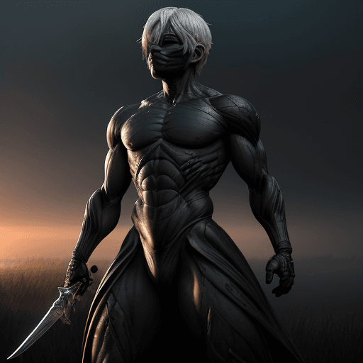 AI generated: "An extraordinary photo captures the entire body of 2B, in ultra-realistic detail. Bathed in dramati...