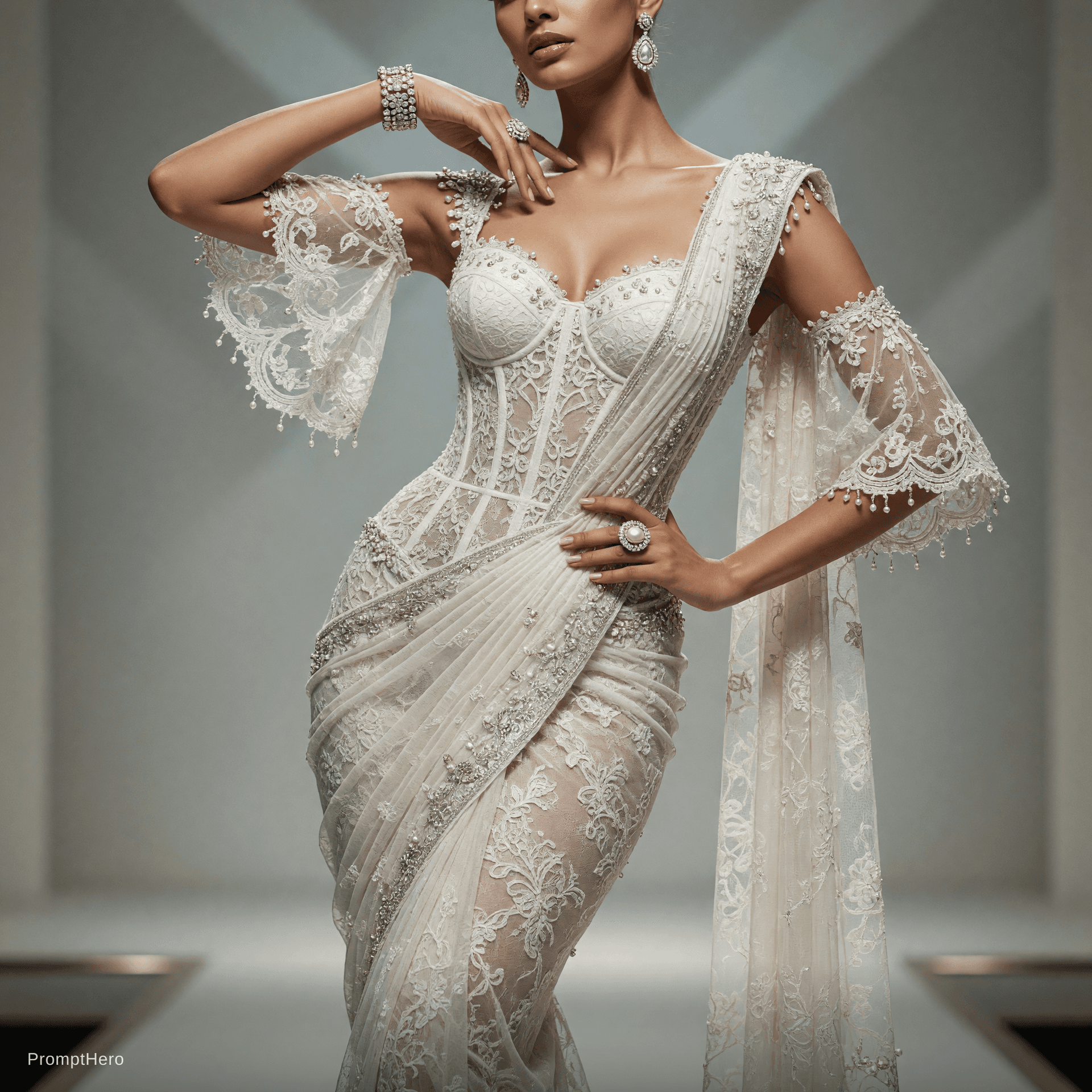 AI generated: The subject is wearing a luxury couture white lace bodysuit designed with an ultra-feminine high-fas...