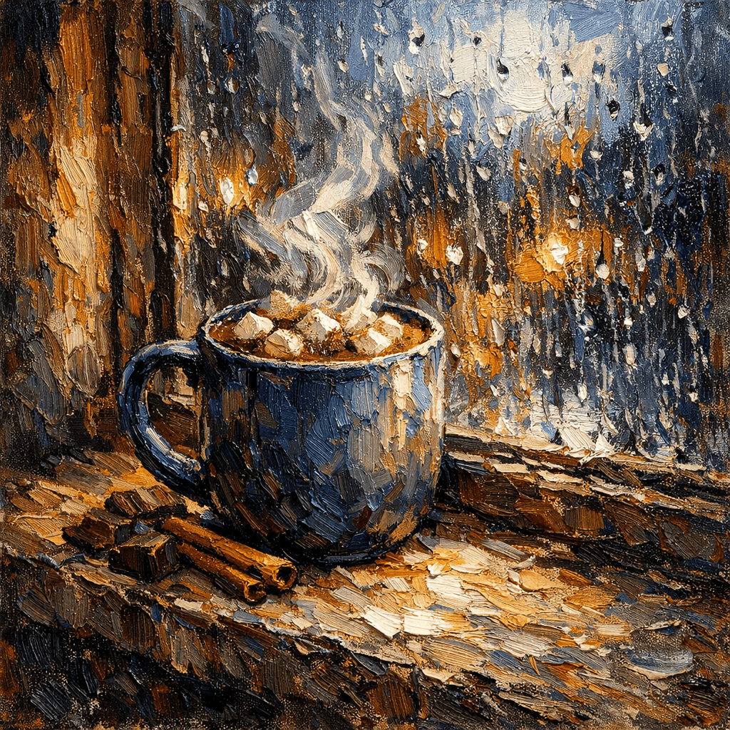 AI generated: Impasto oil painting, a steaming mug of hot chocolate on a windowsill, rain blurring the windowpane ...
