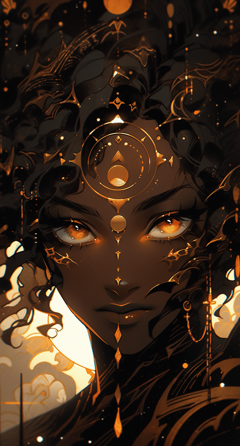 AI generated: a black woman with the sun in her eye on her right, in the style of dark gold and light gold, detail...