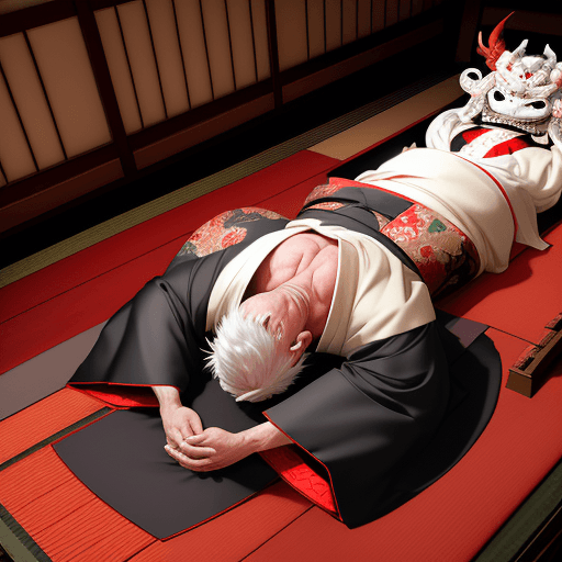 AI generated: Elderly Anthropomorphic male japanese dragon wearing a kimono, haori and hakama, lying on the ground...