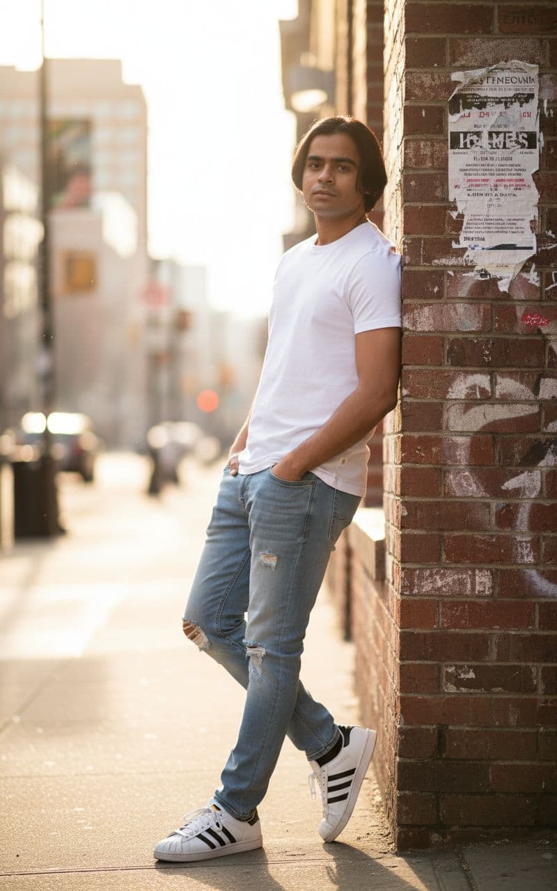 AI generated: a stylish young man with a lean, toned physique height 5feet 6inch, brown eyes, black hair same as r...