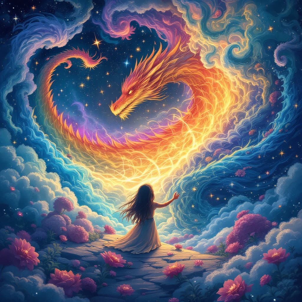 AI generated: enchanting scene depicting Aoife interacting with the dreams of a sleeping dragon, Pixar-inspired ar...