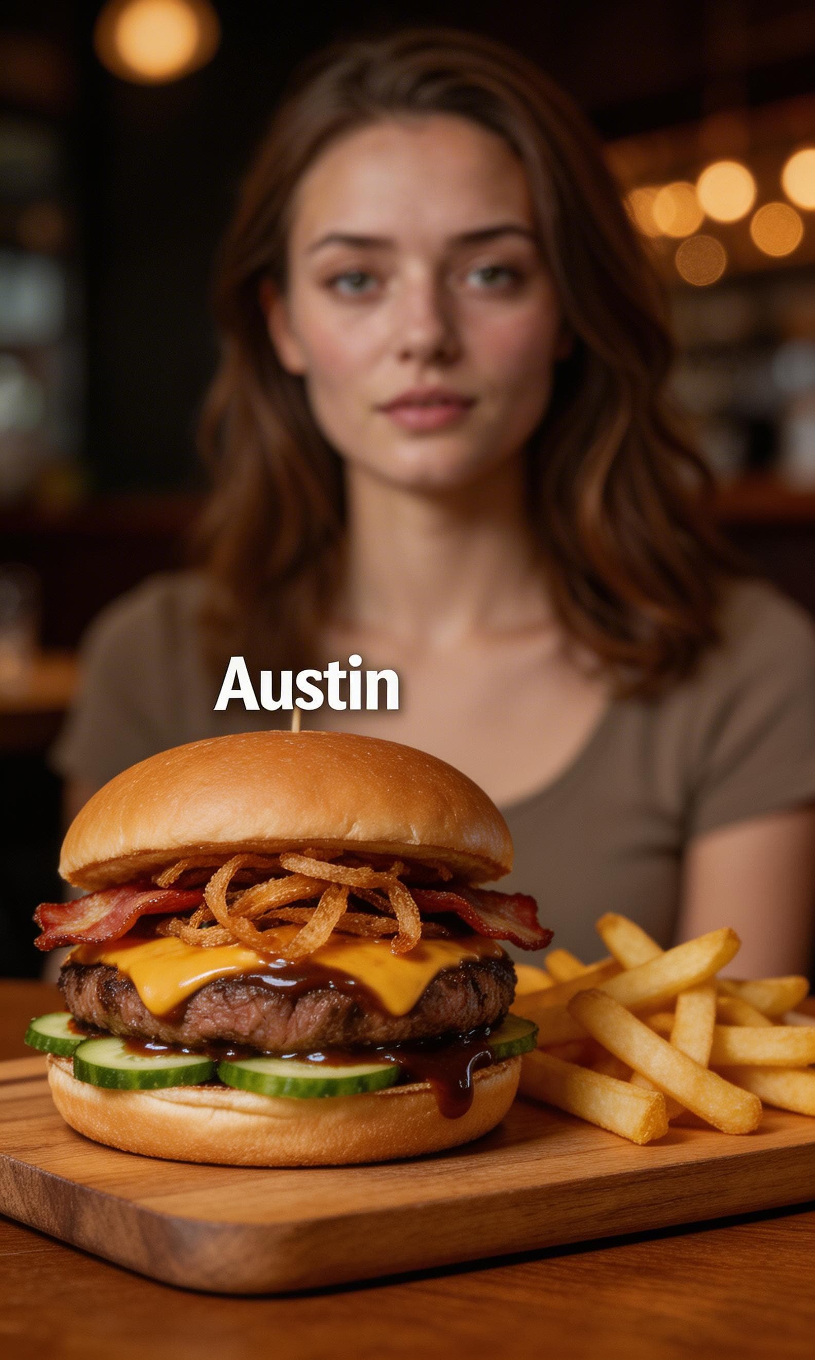 AI generated: close up of a burger named "Austin"
Ingredients :Steak, Sauce Barbecue, Bacon, Crispy Onions, Chedda...