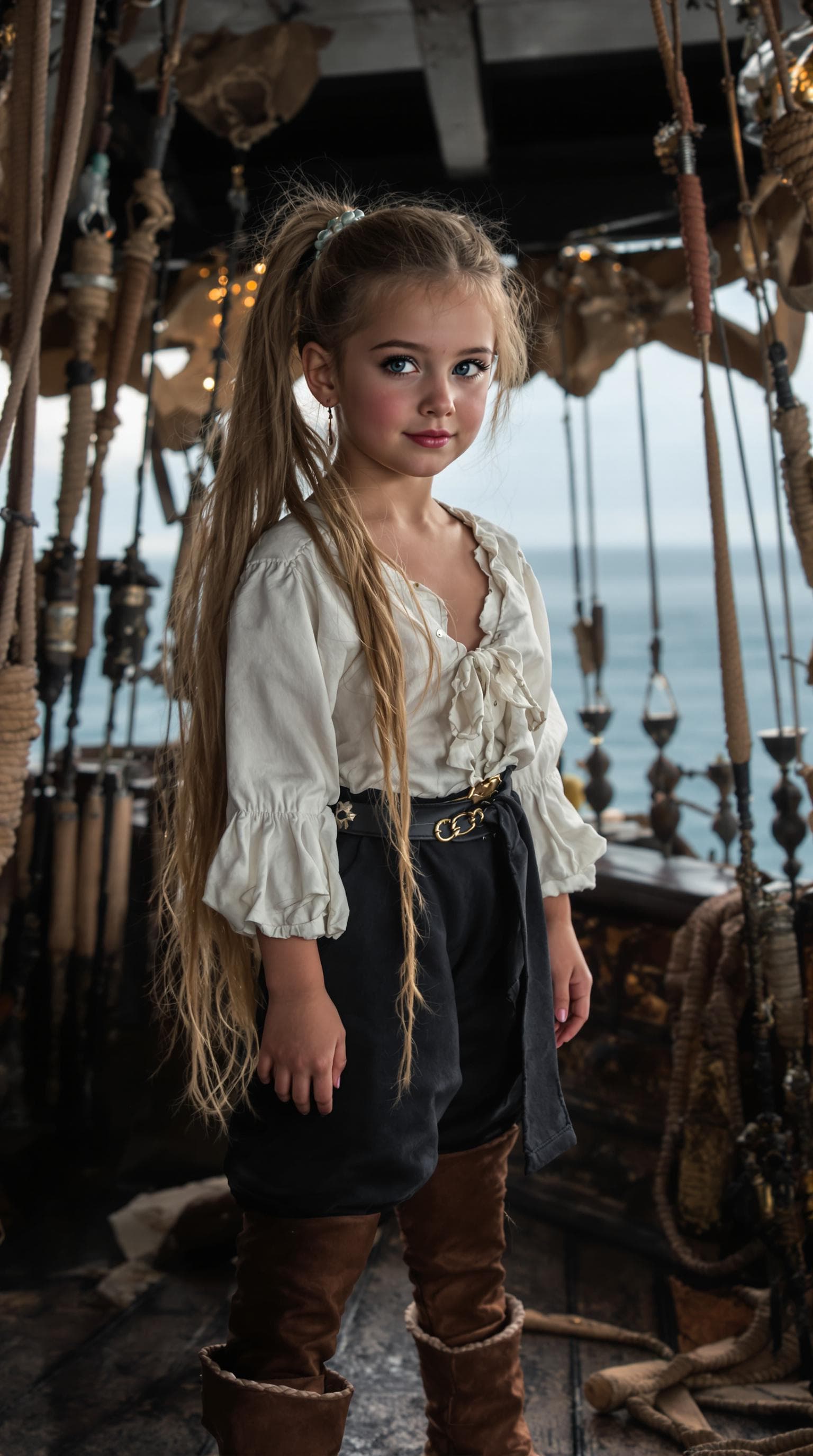 AI generated: a professional photo of a exceptionally beautiful girl aboard pirate ship at sea (age 8), (eight yea...