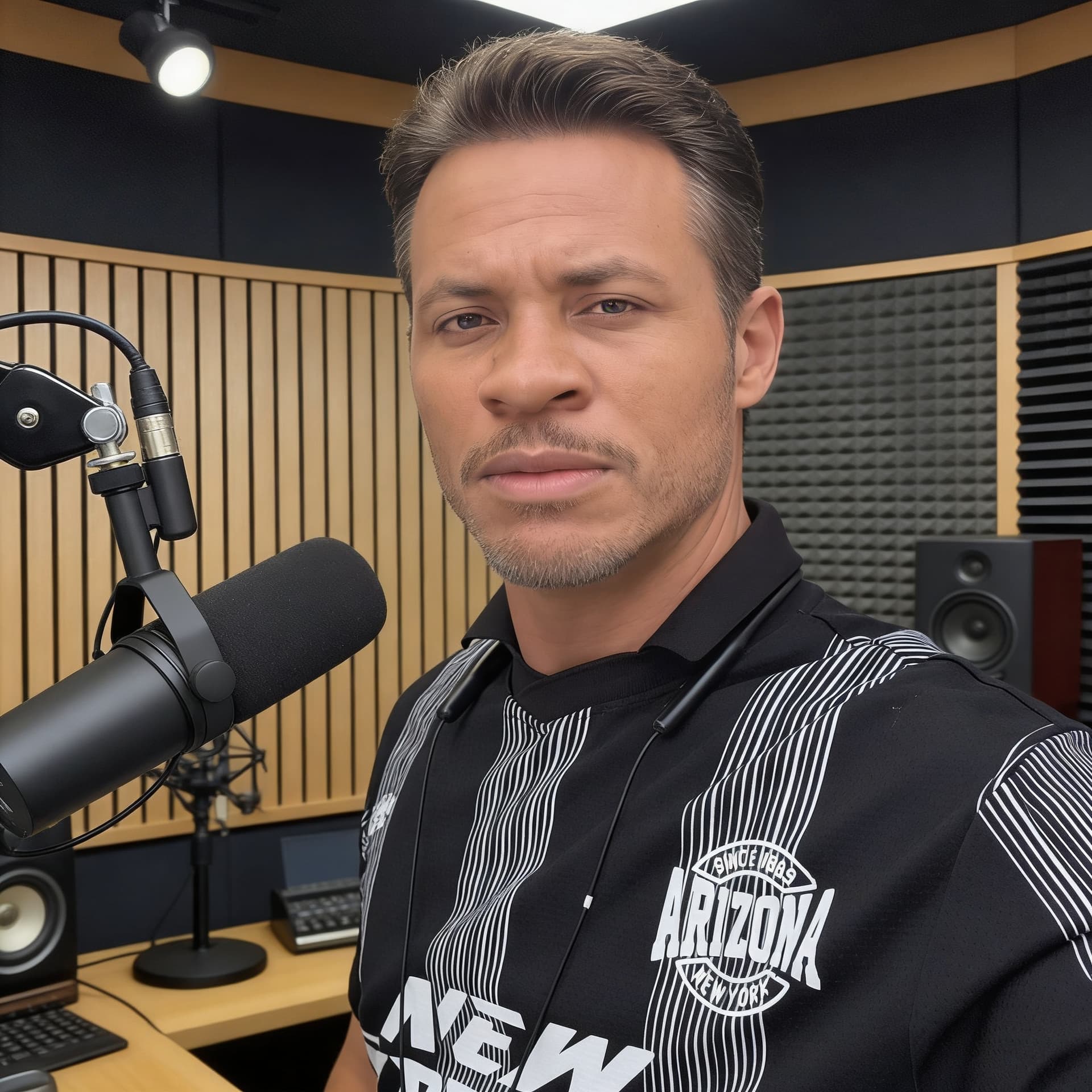 AI generated: regenerate as a handsome 40 yr old man in a podcast studio 
