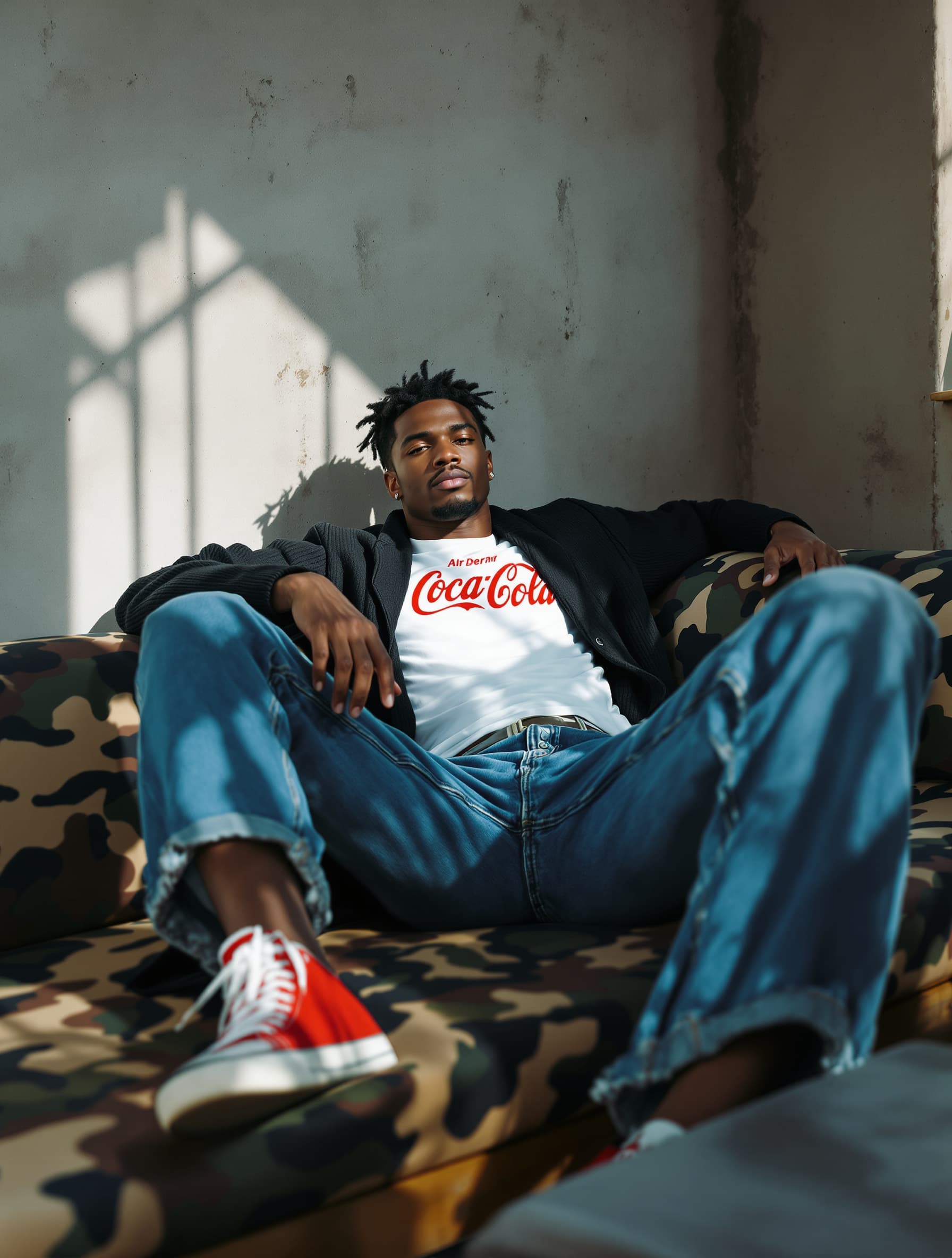 AI generated: photography, magazine cover, tilt shot, male, black model lounging on a worn camouflage sofa, casual...