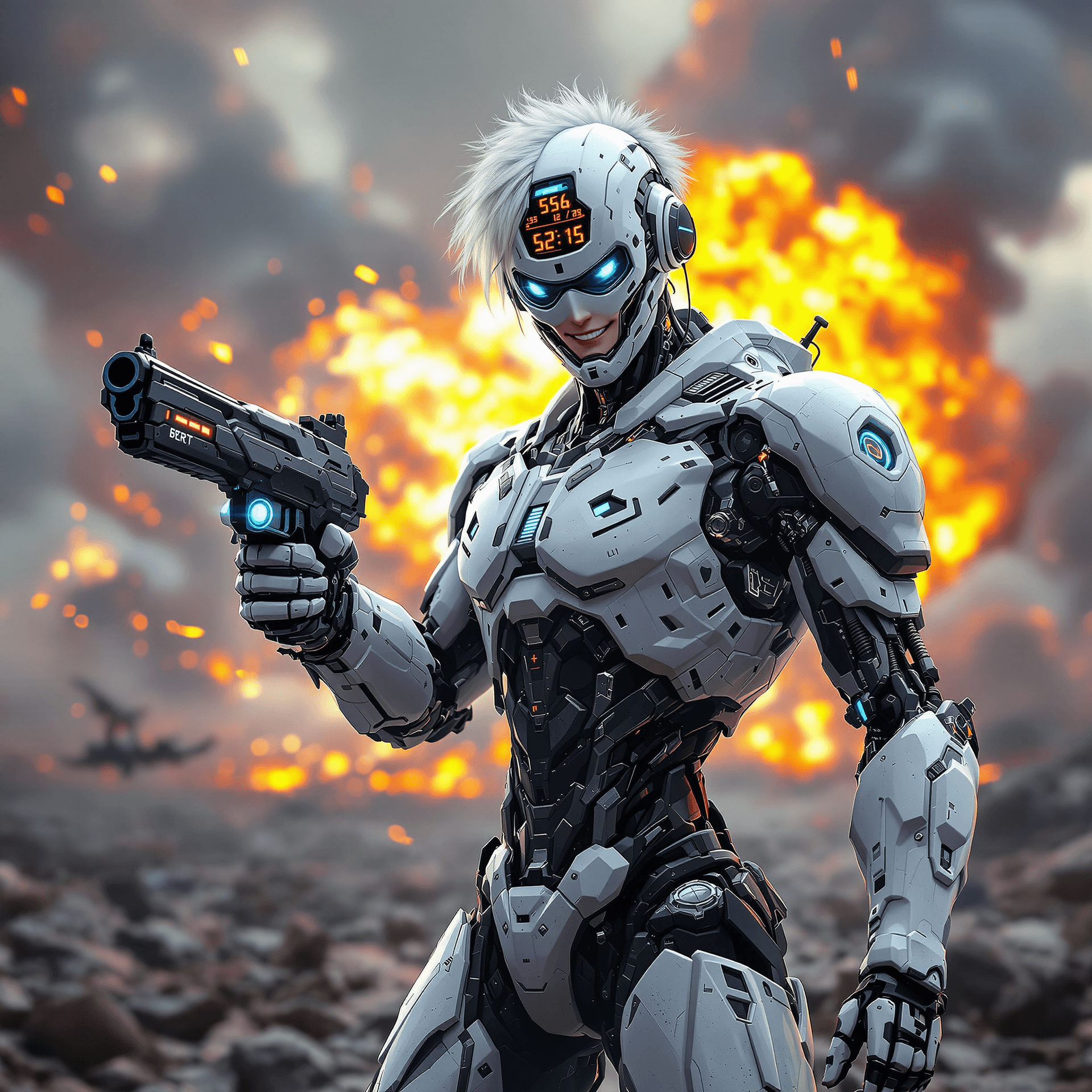 AI generated: battle field back ground, explosion in the back,full body, Cyberpunk humanoid robot male, white hair...