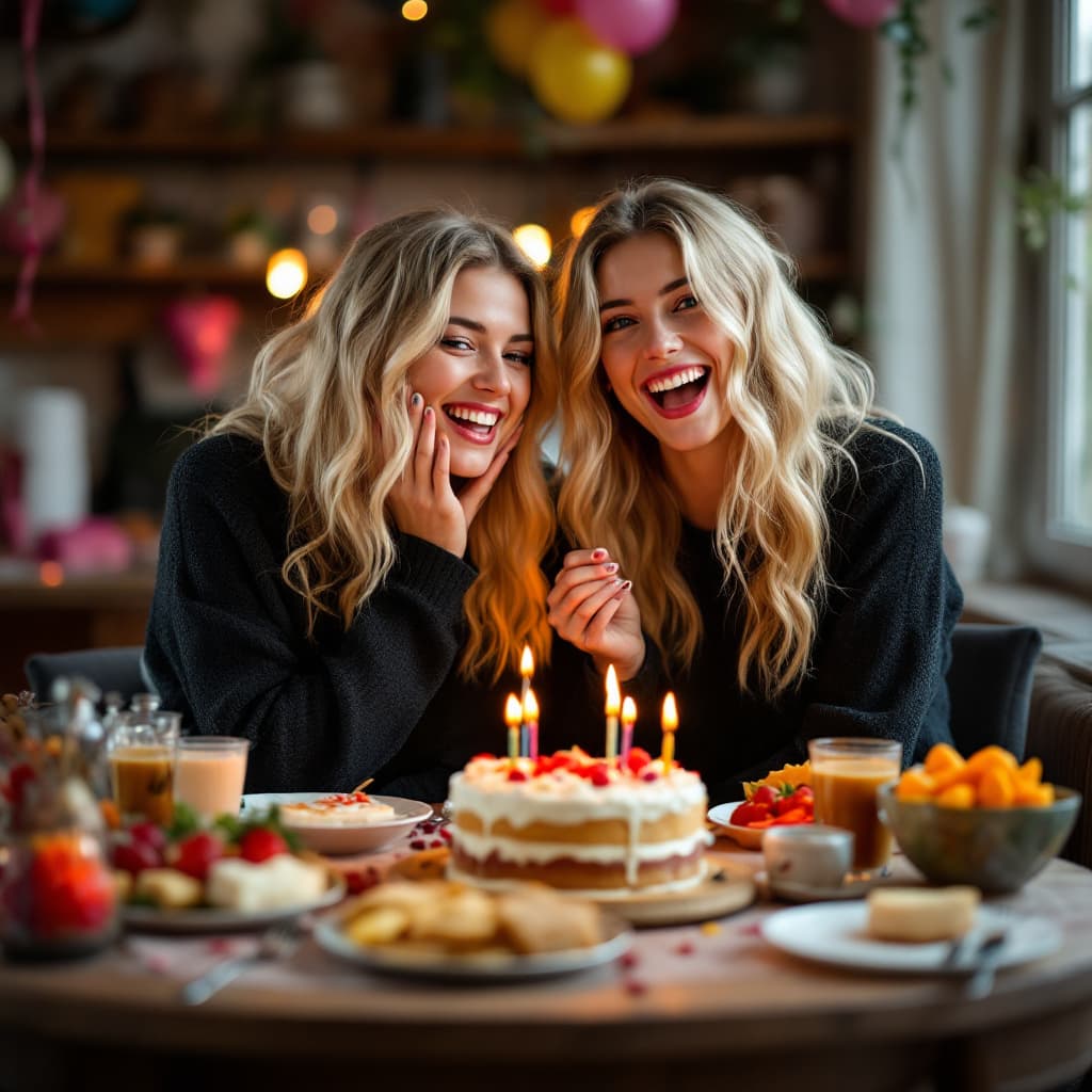 AI generated: two female friends, both blond and german, celebrating birthday over a massive breakfast with lots o...