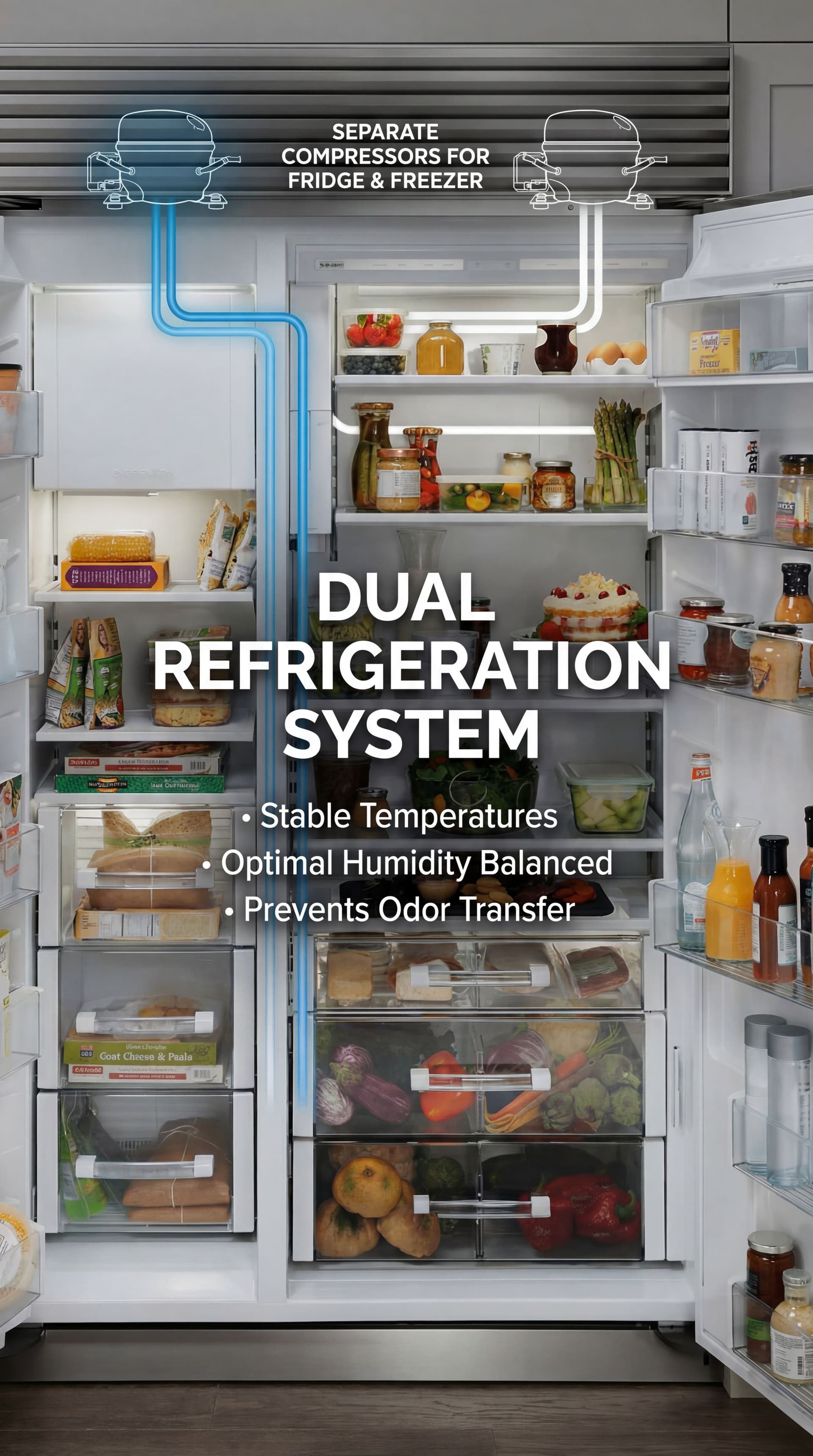 AI generated: Make lifestyle photo: front view. Showcase an overlay that describe this inside the interior fridge ...