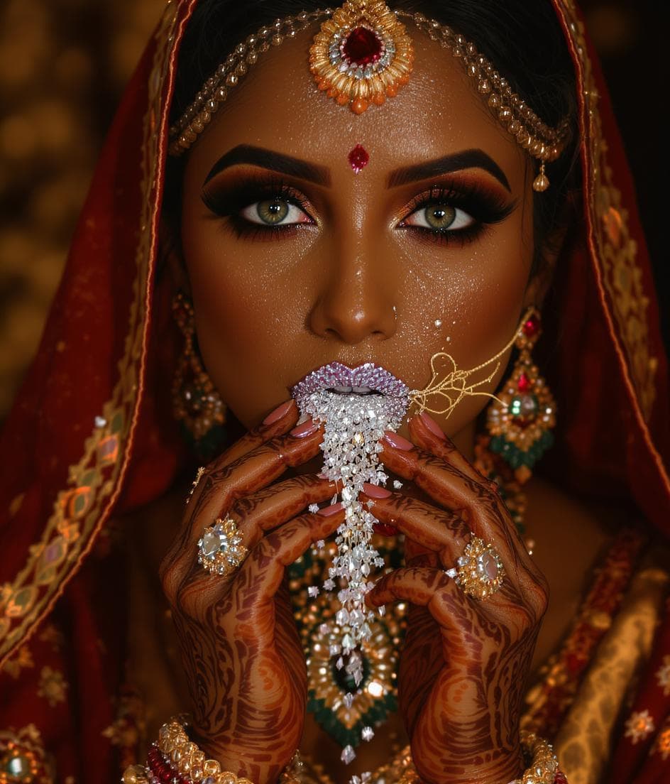 AI generated: a beautiful Indian bride in traditional wear showing her hands and henna designs, photorealistic, ul...