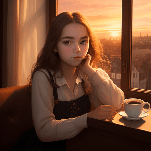AI generated: Girl with coffee by window,looking at the camera, in the style of charming beauty girl, 21 years old...
