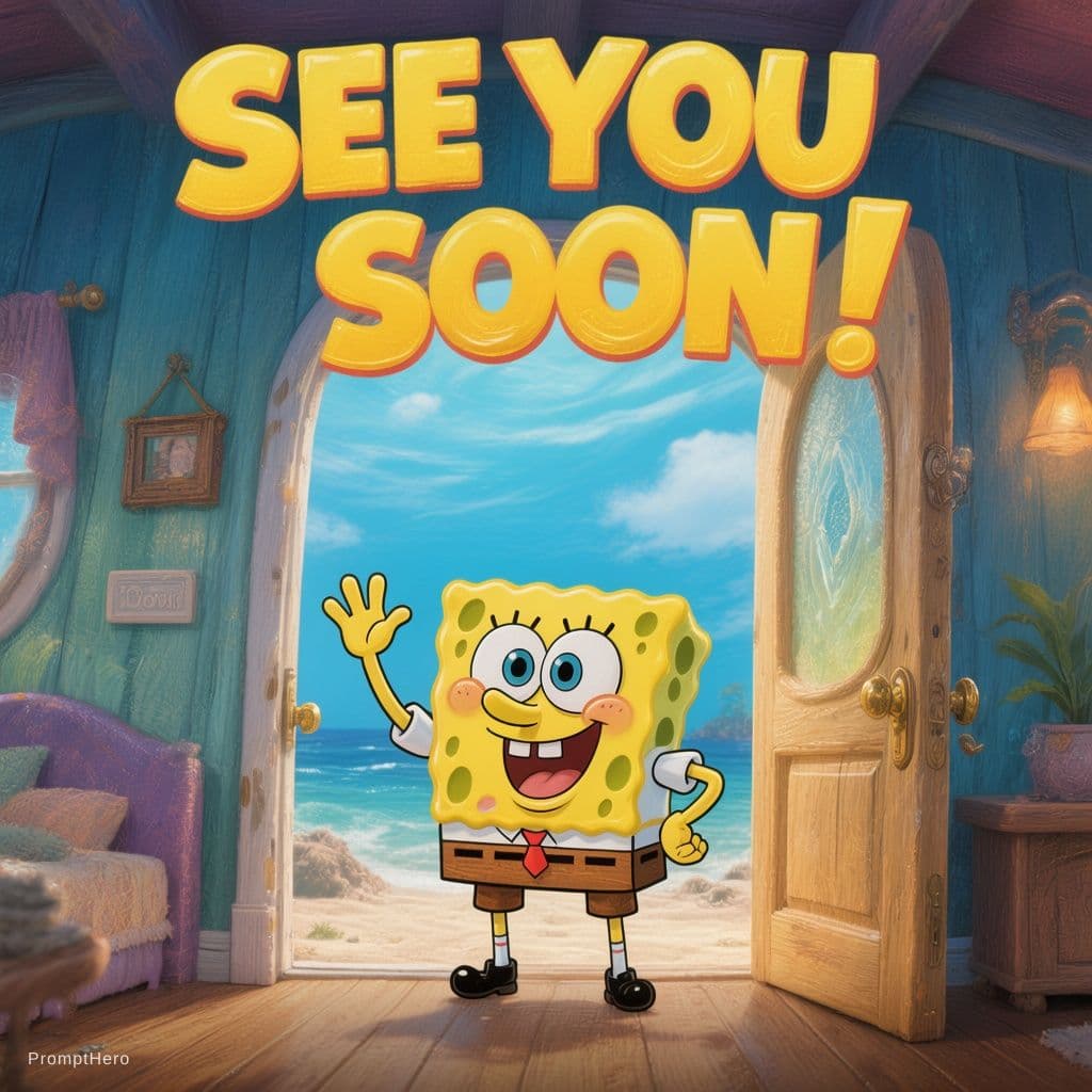 AI generated: Cartoon style, SpongeBob SquarePants standing at open door inside house, waving goodbye, bold yellow...