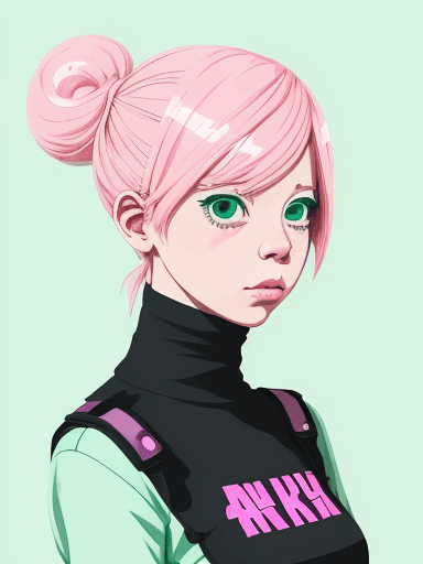 AI generated: An illustration of a quirky girl with pink hair, in the style of Flat shading, Gemma Correll, photo-...