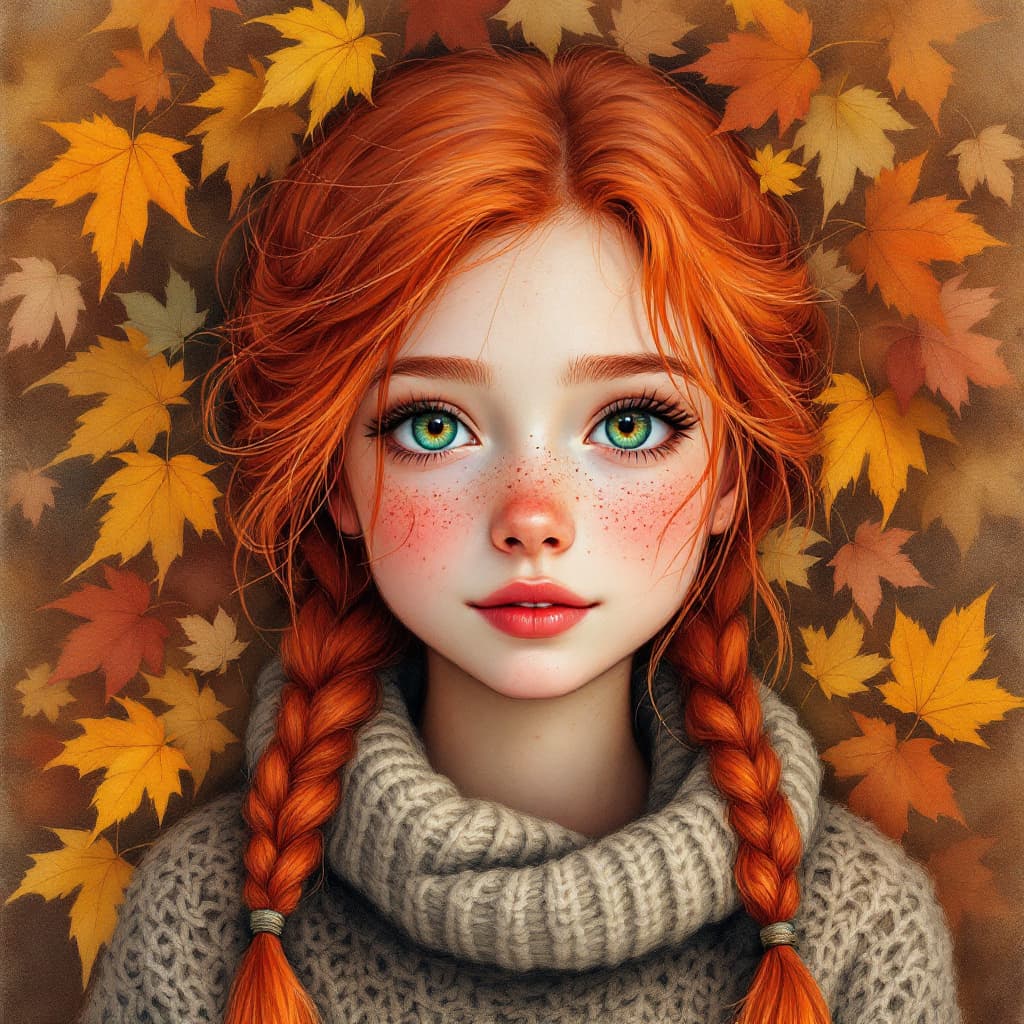 AI generated: (water painting) portrait of a girl with braided red hair, freckles, and piercing green eyes, wearin...