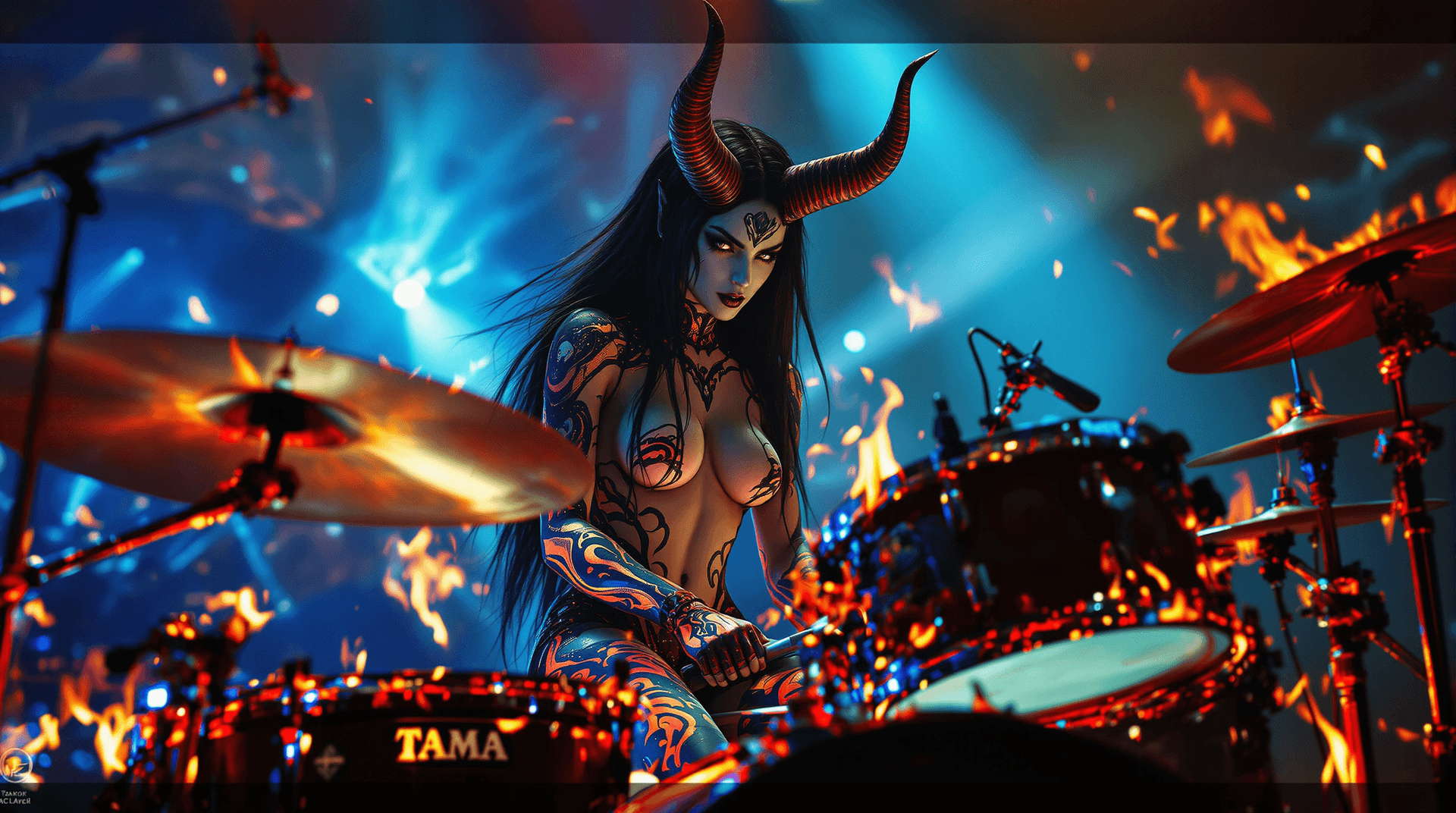 AI generated: a athletic female demon, and large, curved horns protruding from her forehead, shines under the inte...