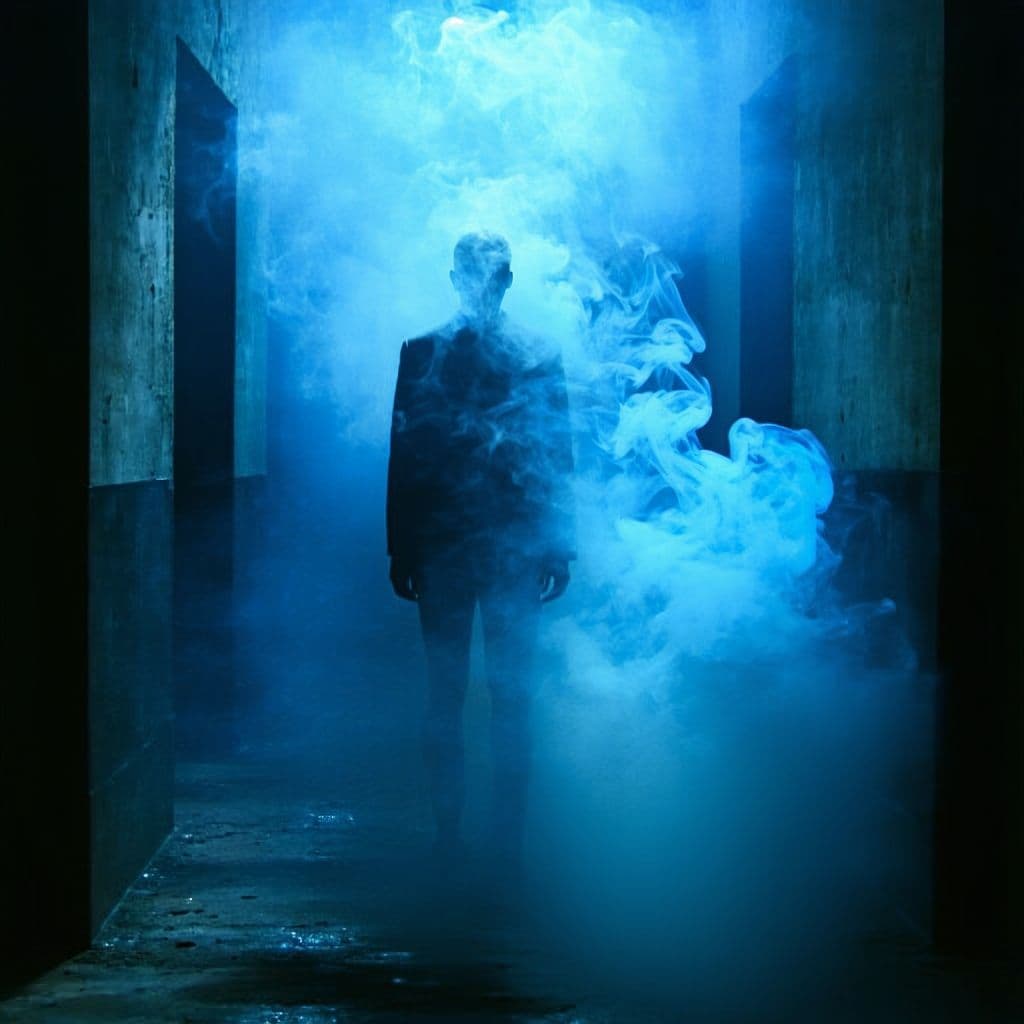 AI generated: surreal and atmospheric image, figure standing in a corridor, disintegrating into wispy, smoke-like ...