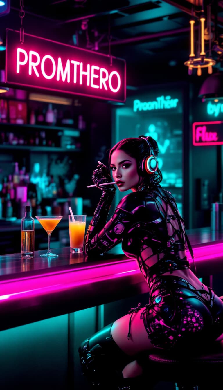 AI generated: woman sitting at the counter of a futuristic cyberpunk bar wearing futuristic clothing and cyberneti...