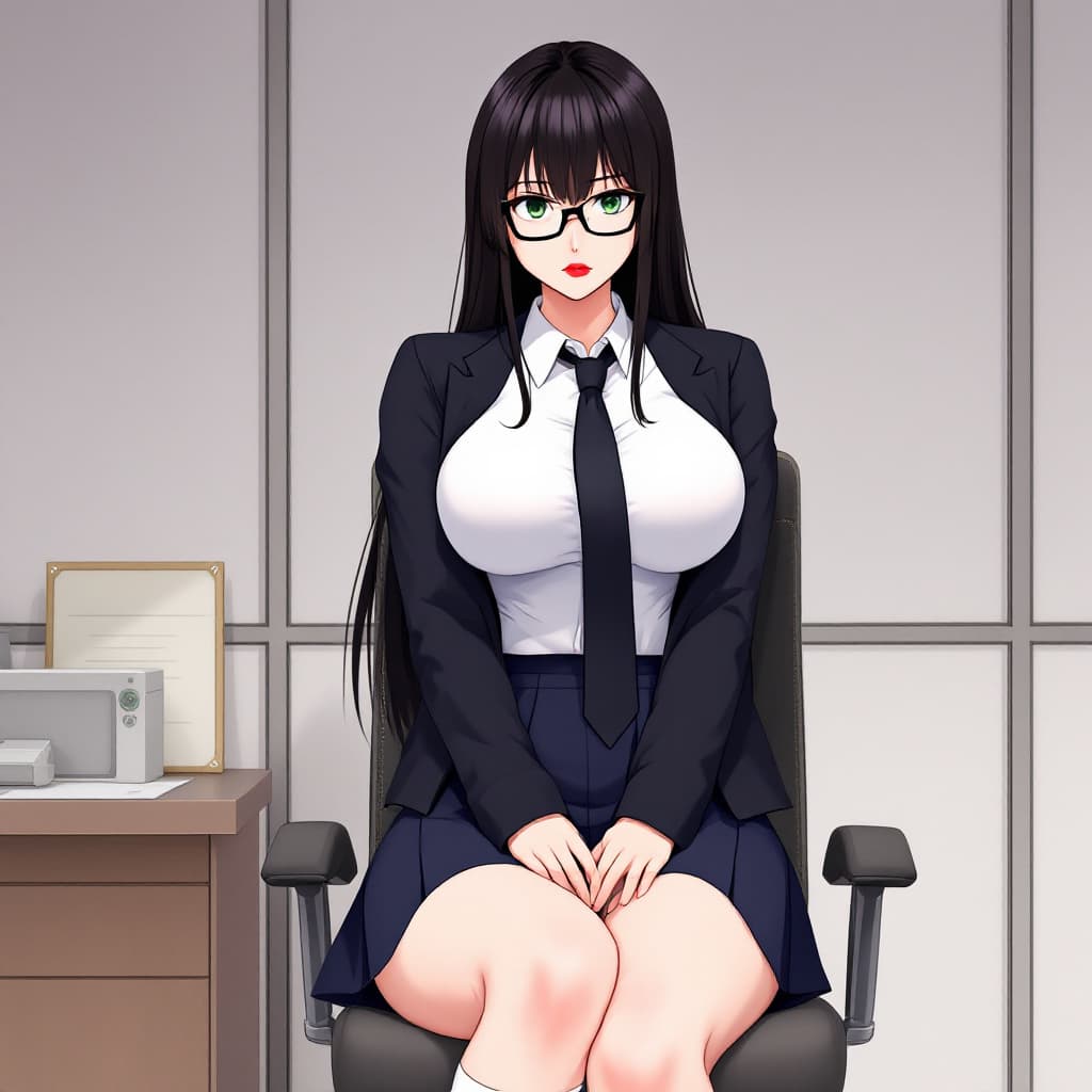AI generated: anime, woman, black hair, long hair, green eyes, black glasses, red lips, white shirt, black tie, bl...
