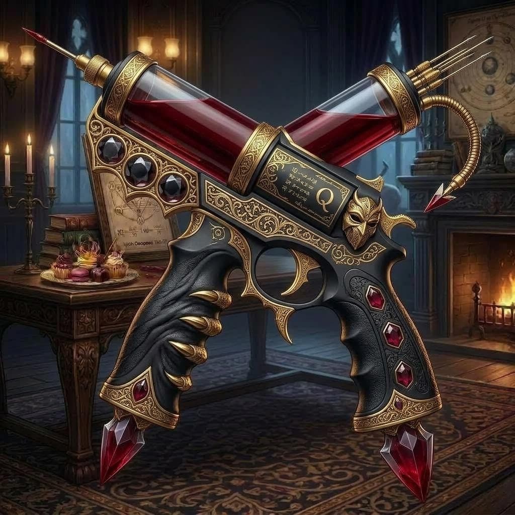 AI generated: Create an black and gold blood injection gun inspired by the demon in the reference image