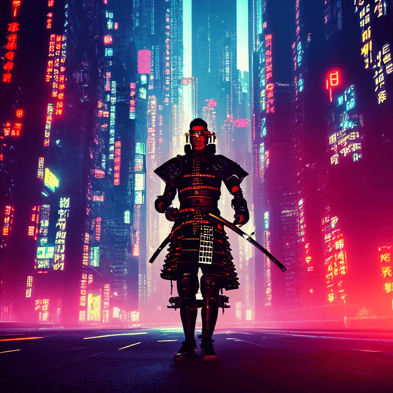 AI generated: High resolution photography of a cyberpunk samurai with rays and katanas on a cyberpunk city at the ...