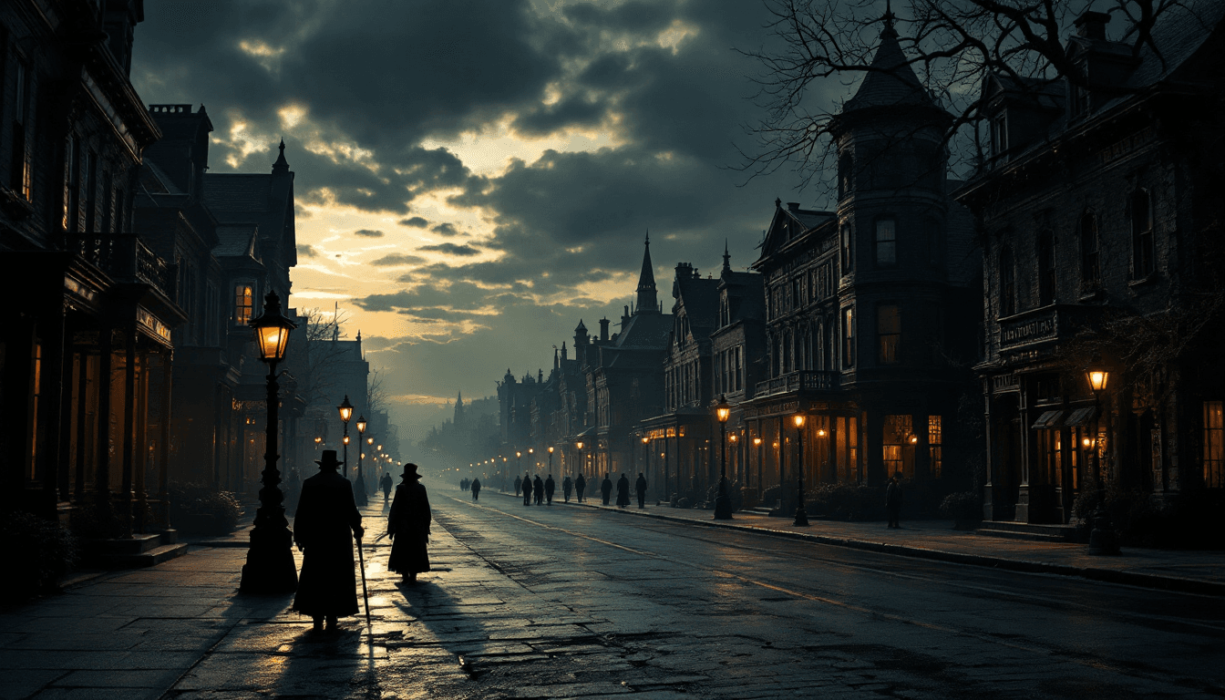 AI generated: Shadow over Innsmouth townscape, eerie atmosphere, a couple of Innsmouth inhabitants on the sidewalk...