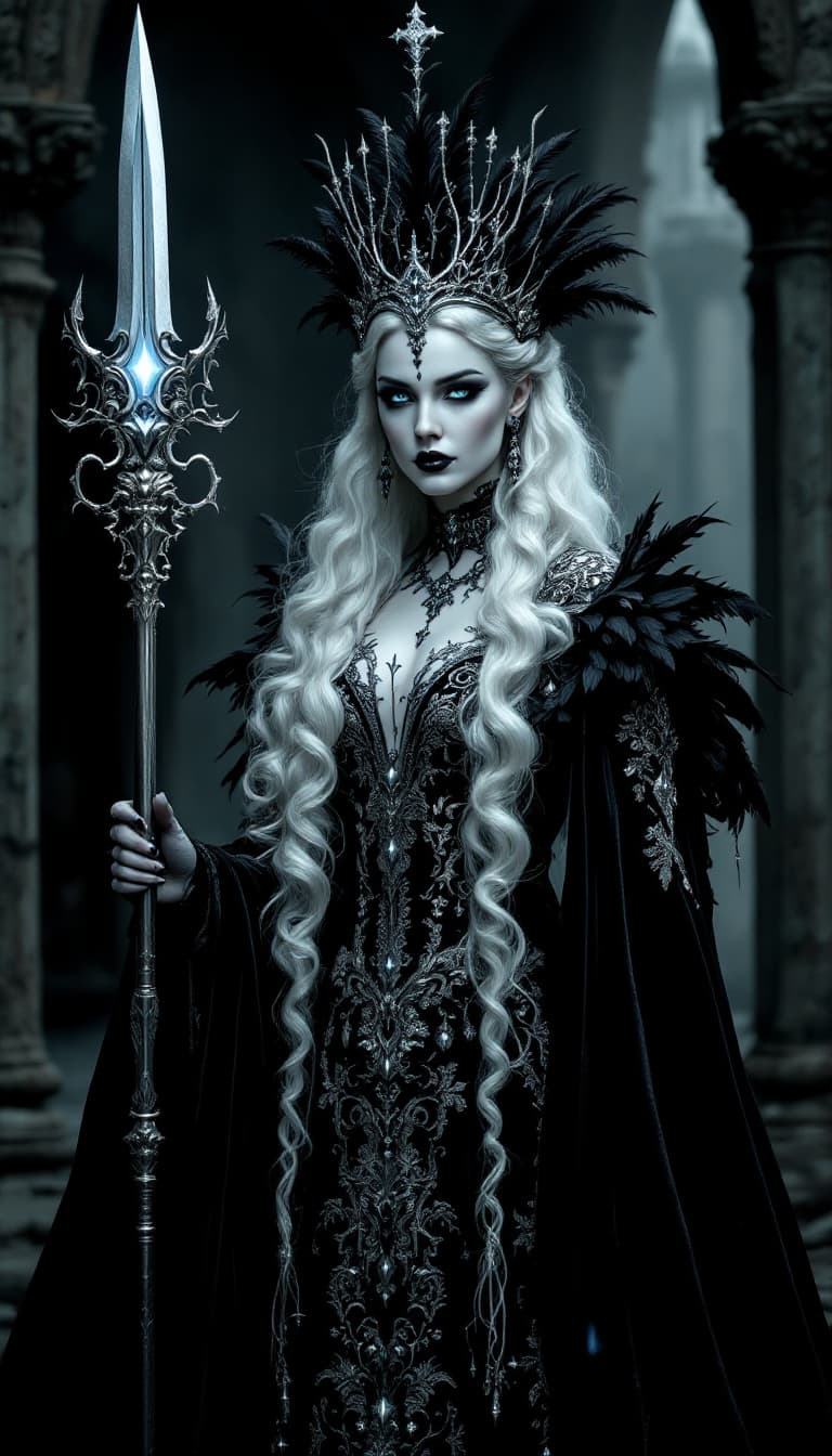 AI generated: An ultra-realistic, full-body depiction of a gothic queen, exuding regal power and haunting elegance...