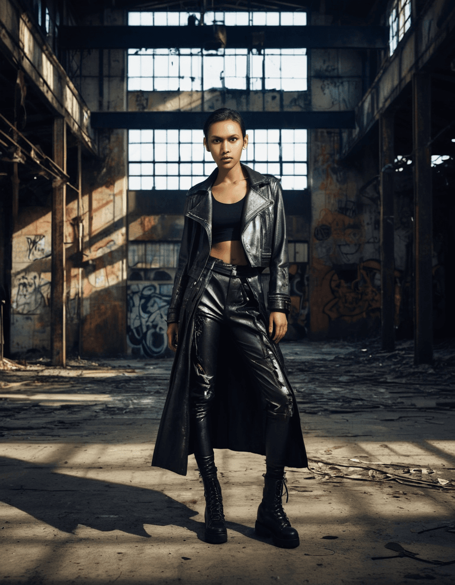 AI generated: A striking high-fashion photograph set in an abandoned industrial warehouse. The model, dressed in e...