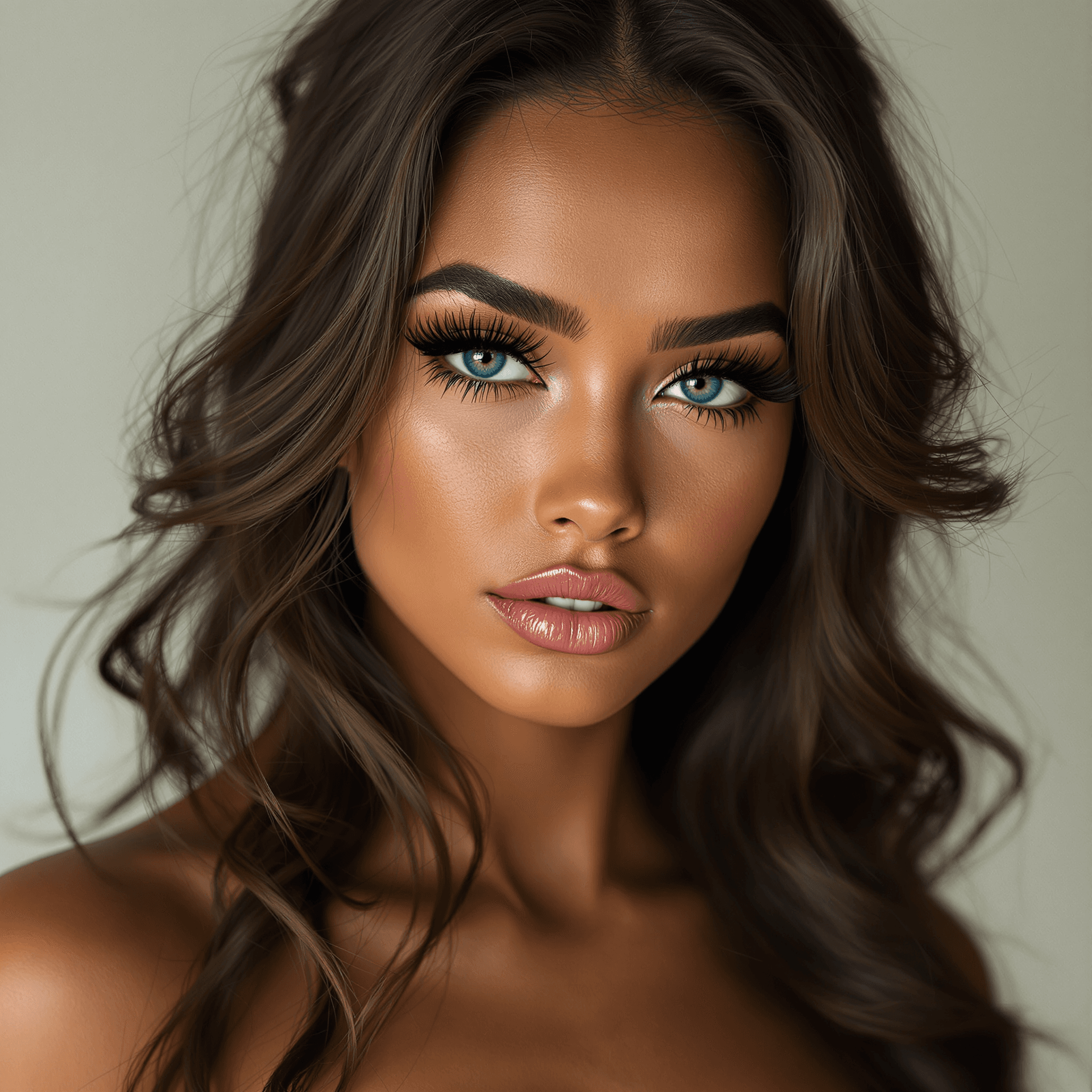 AI generated: A stylized image young female model, portrayed in a extravagante fashion style. Her warm brown compl...