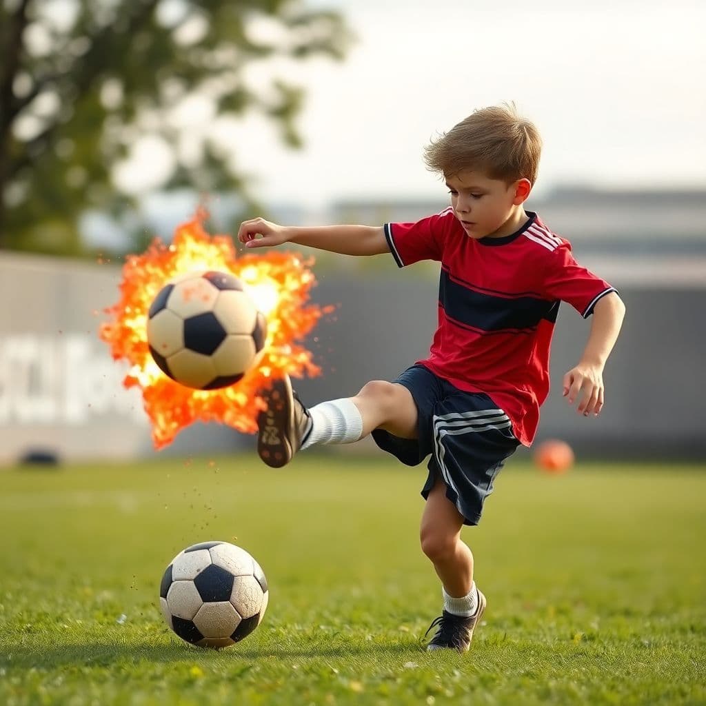 AI generated: A boy hitting a soccer ball so hard that it explodes