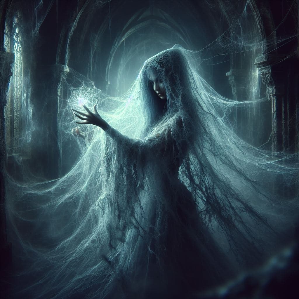 AI generated: In the depths of a dark, foreboding crypt, Isolde, a hauntingly beautiful ghostly sorceress, weaves ...