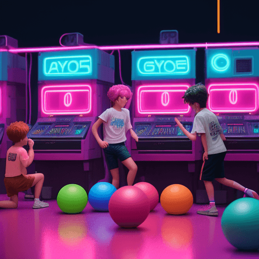 AI generated:  "Boys and girls playing with colorful canon balls. synthwave neon retro"