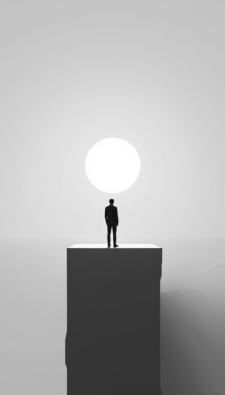 AI generated: A lone figure dressed in a black suit stands at the edge of a towering, minimalist platform, gazing ...