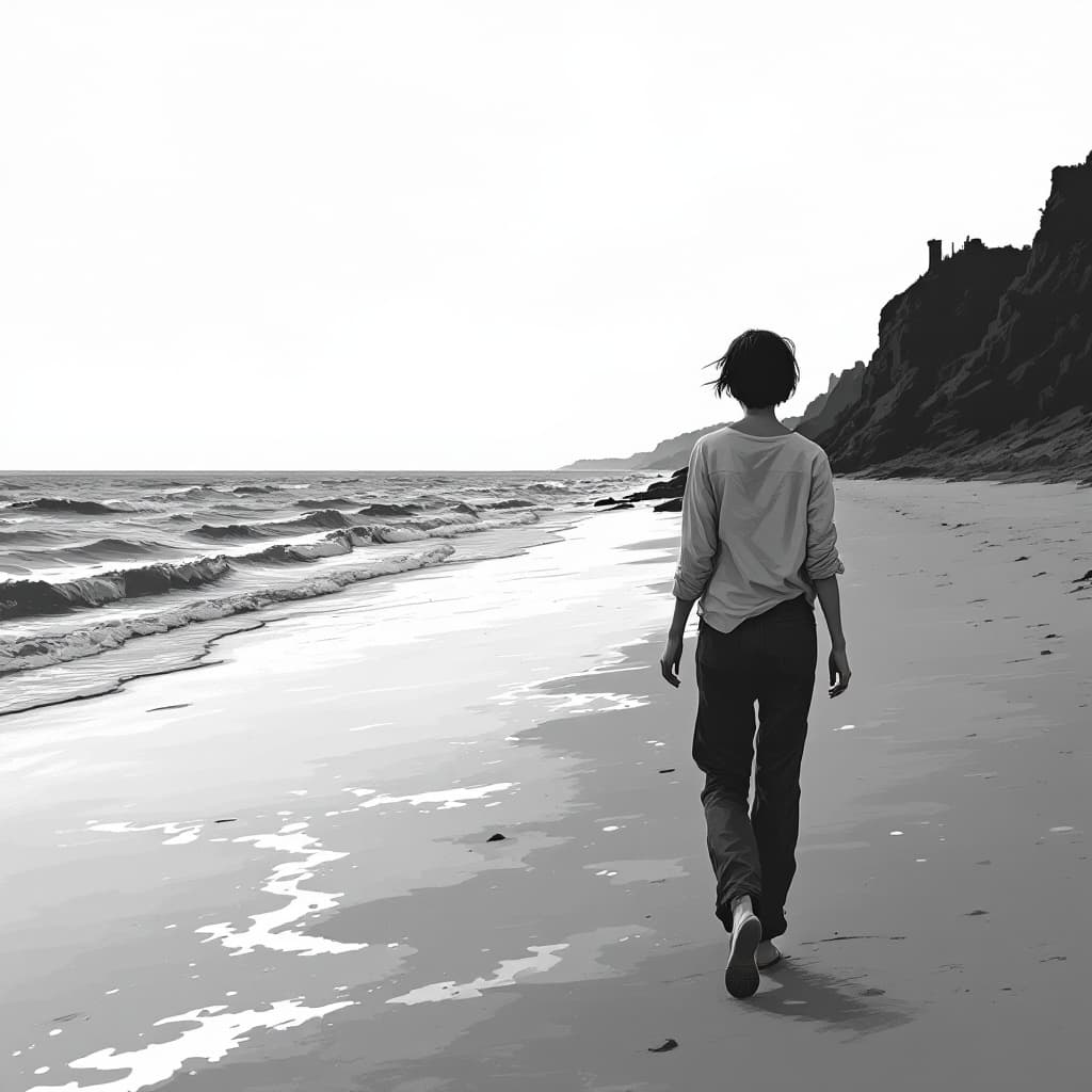 AI generated: Cinematic black-and-white illustration depicting a young European woman with short dark hair walking...