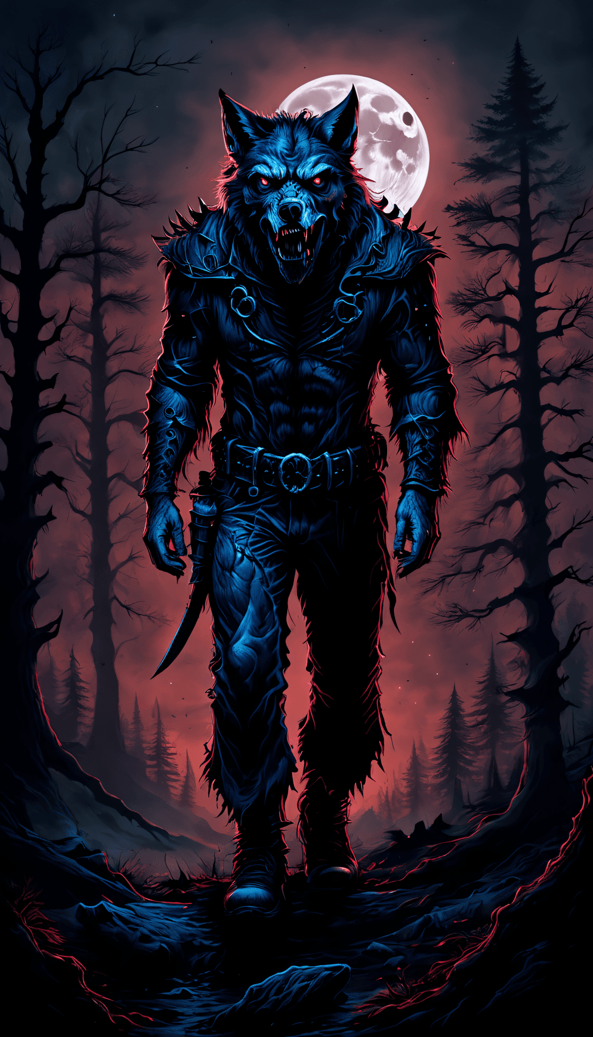 AI generated: Horror movie poster Masterpiece, Best Quality, Photograph of a Werewolf in a creepy forest with a cl...