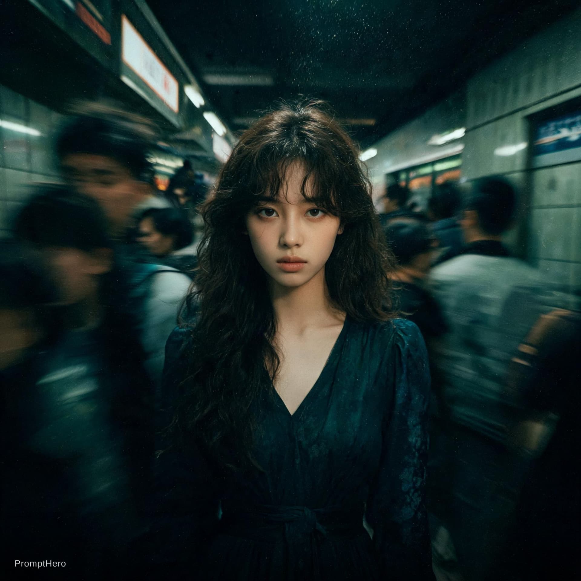 AI generated: Cinematic editorial portrait of a young women in her early twenties standing motionless at the
cente...