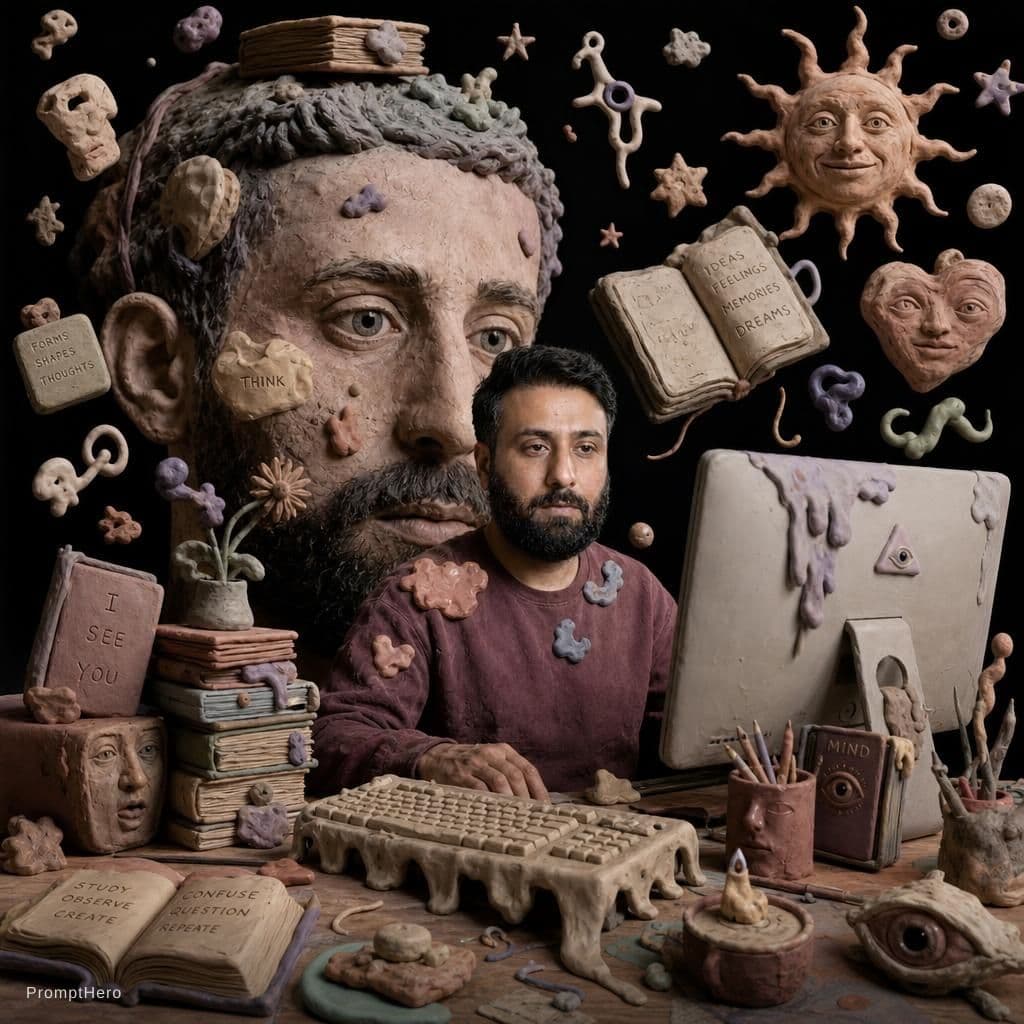 AI generated: surreal editorial composition, hyperrealistic human mixed with handmade plasticine sculptures, tacti...